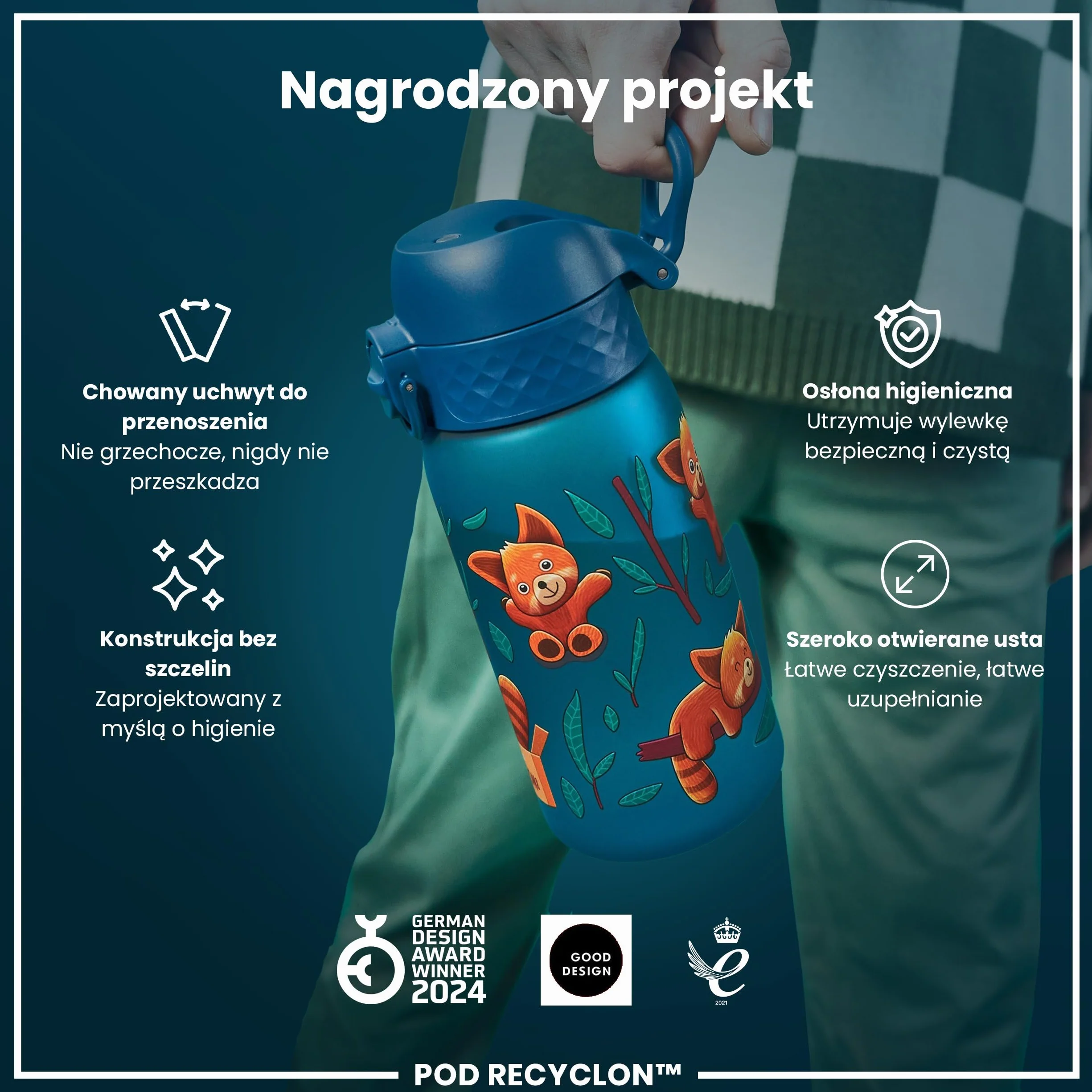 ION8 Butelka dla Dzieci, 350 ml/12 oz, Szczelna, Łatwa do Otwarcia, Bezpieczny Zamek, Można Myć w Zmywarce, Bez BPA, Uchwyt do Przenoszenia, Łatwa do Czyszczenia, Bezwonny, Czerwone Pandy