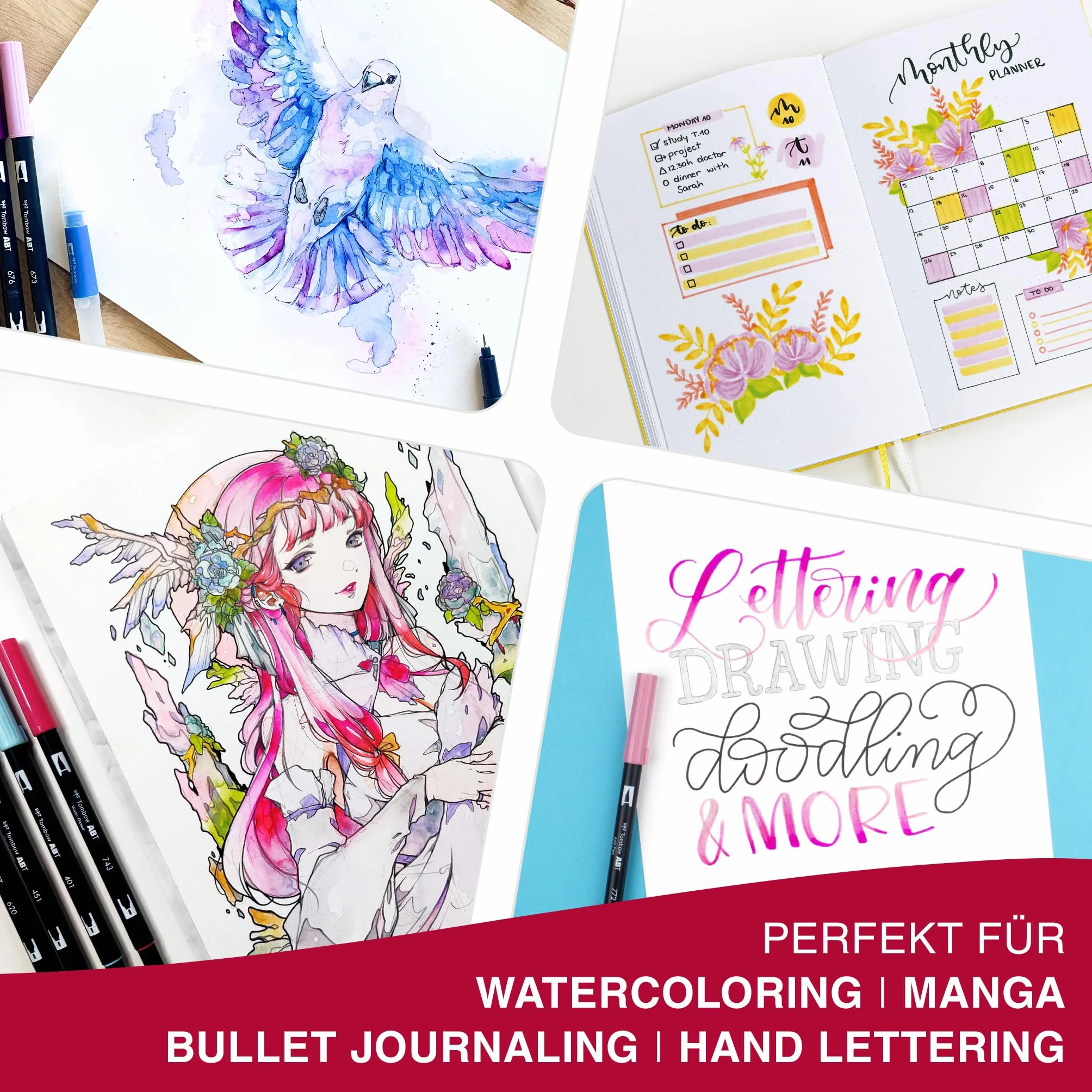 Tombow ABT Dual Brush Pen, Mystic Jade, pisak z dwoma końcówkami, idealny do ręcznego pisania i bullet journalingu, wodny, zestaw 6 sztuk [ABT-6P-JADE]