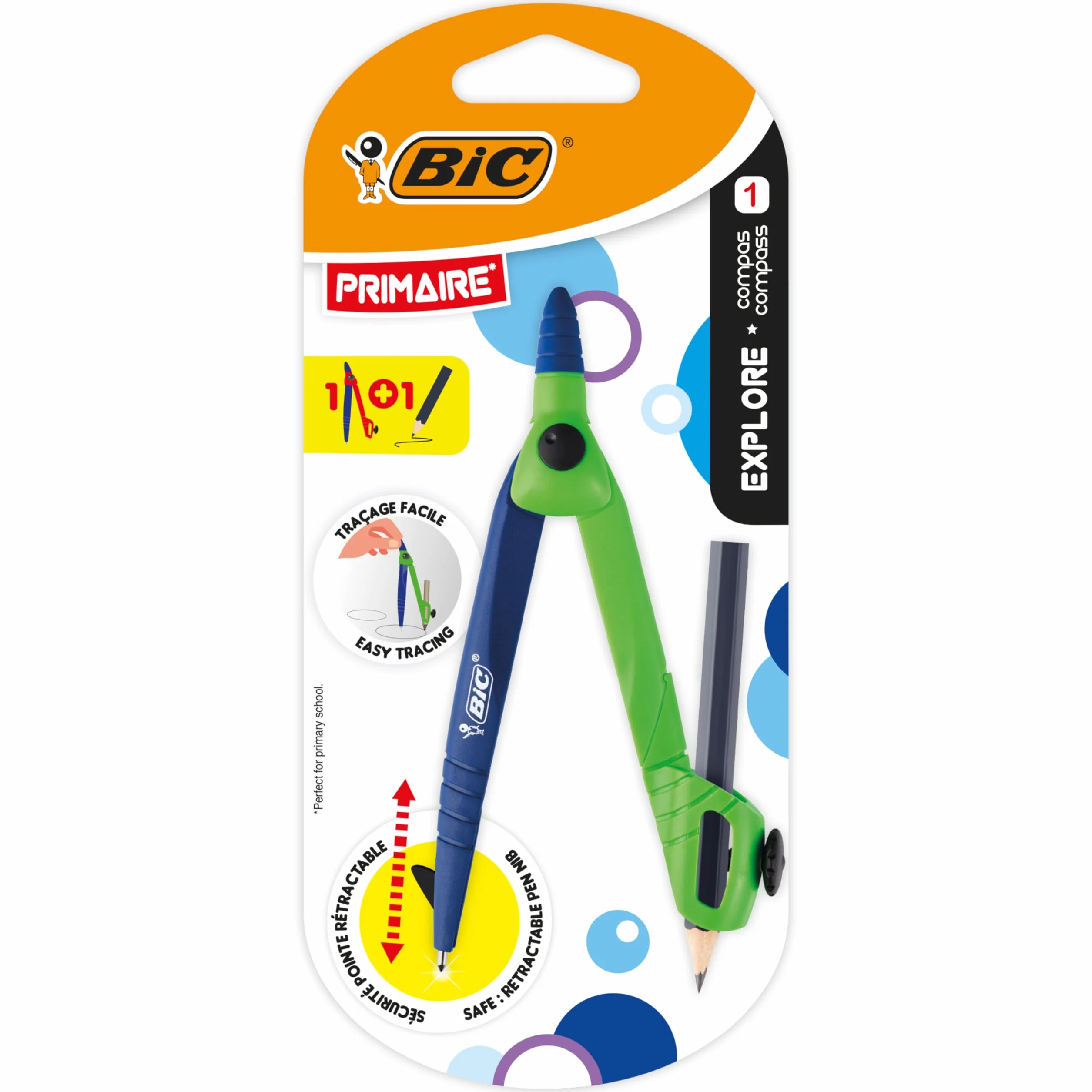 BIC zestaw przyborów szkolnych dla dzieci z 1 kompasem do nauki, 3 instrumenty geometryczne, 10 ołówków grafitowych, 1 temperówka i 6 gumkami - opakowanie 21 sztuk
