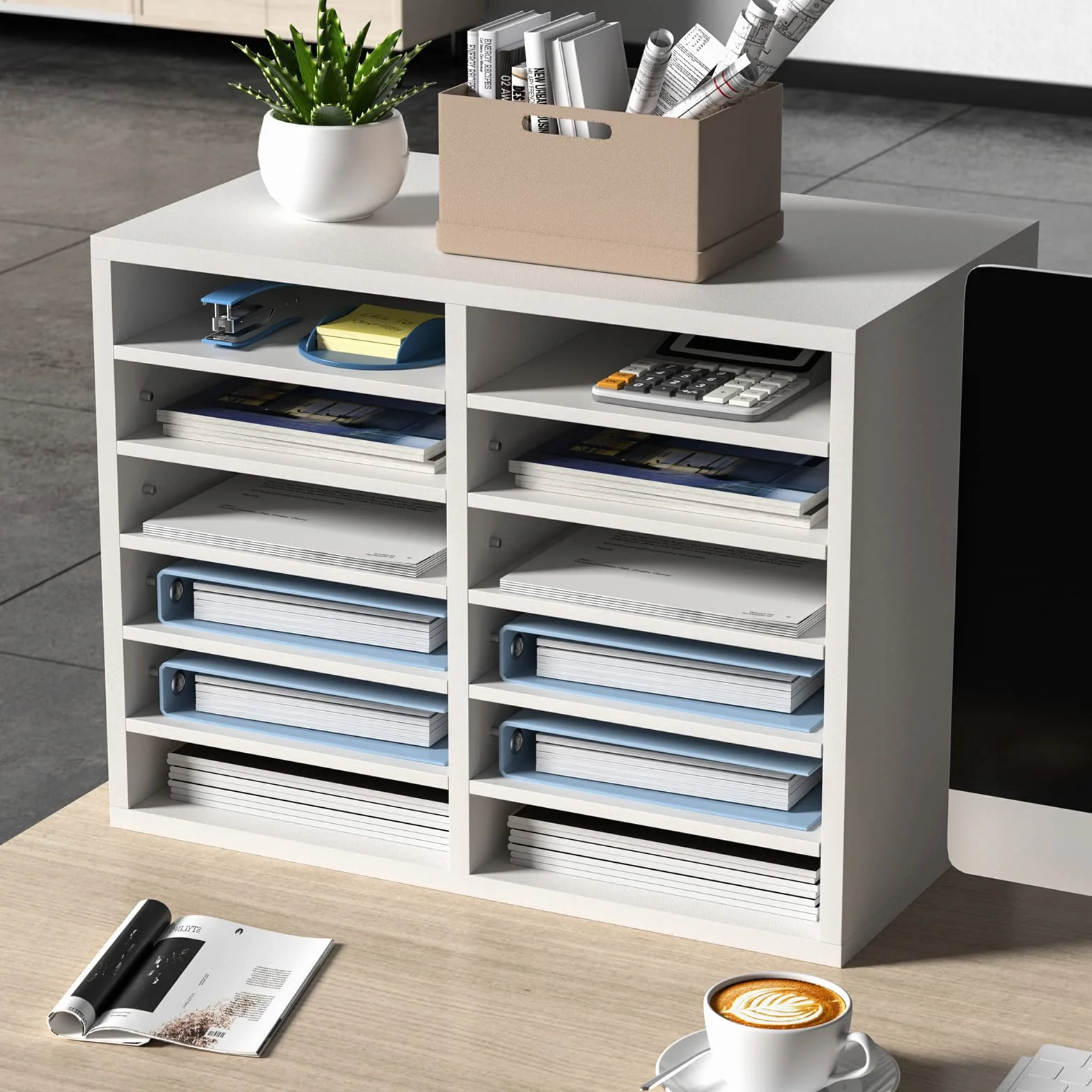 VEVOR Drewniany Organizator Literatury Płyta wiórowa Półka do przechowywania dokumentów 12 przegródek 52x30,5x41 cm Klasyfikator literatury z regulowanymi półkami biurowymi, Biały