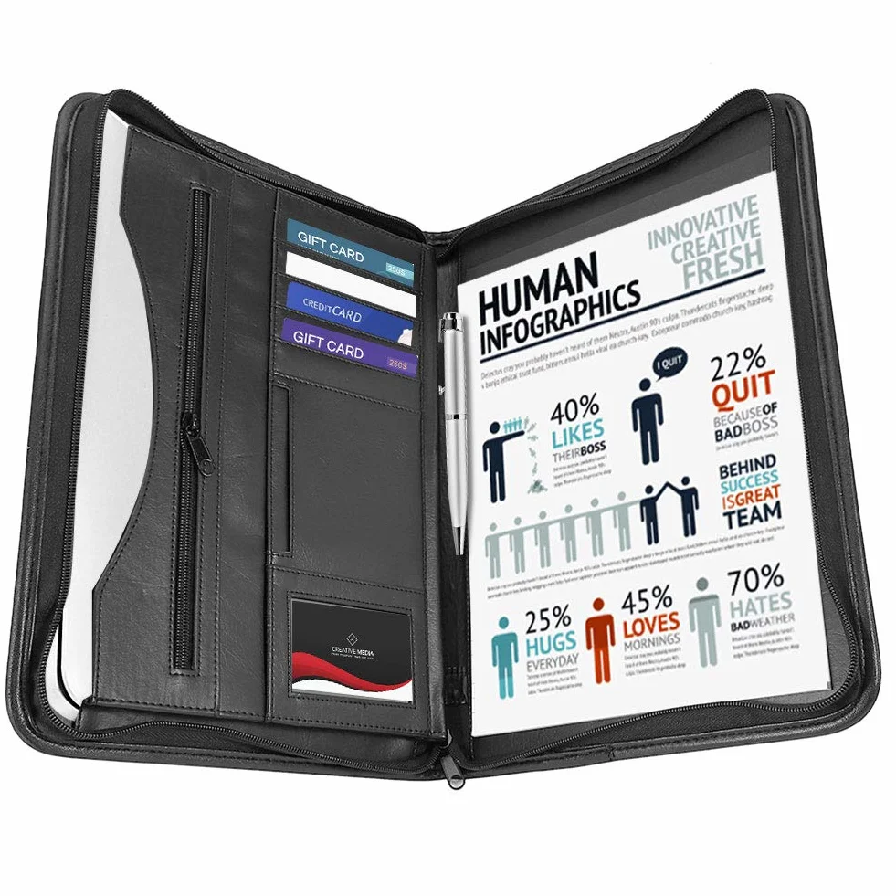 Greensen A4 Konferenzmappe PU Leder Schreibmappe Schwarz Dokumenten-Tasche mit Reißverschluss Schreibblock mit Fächern Dokumentenmappe Idealer Dokumenten Organizer