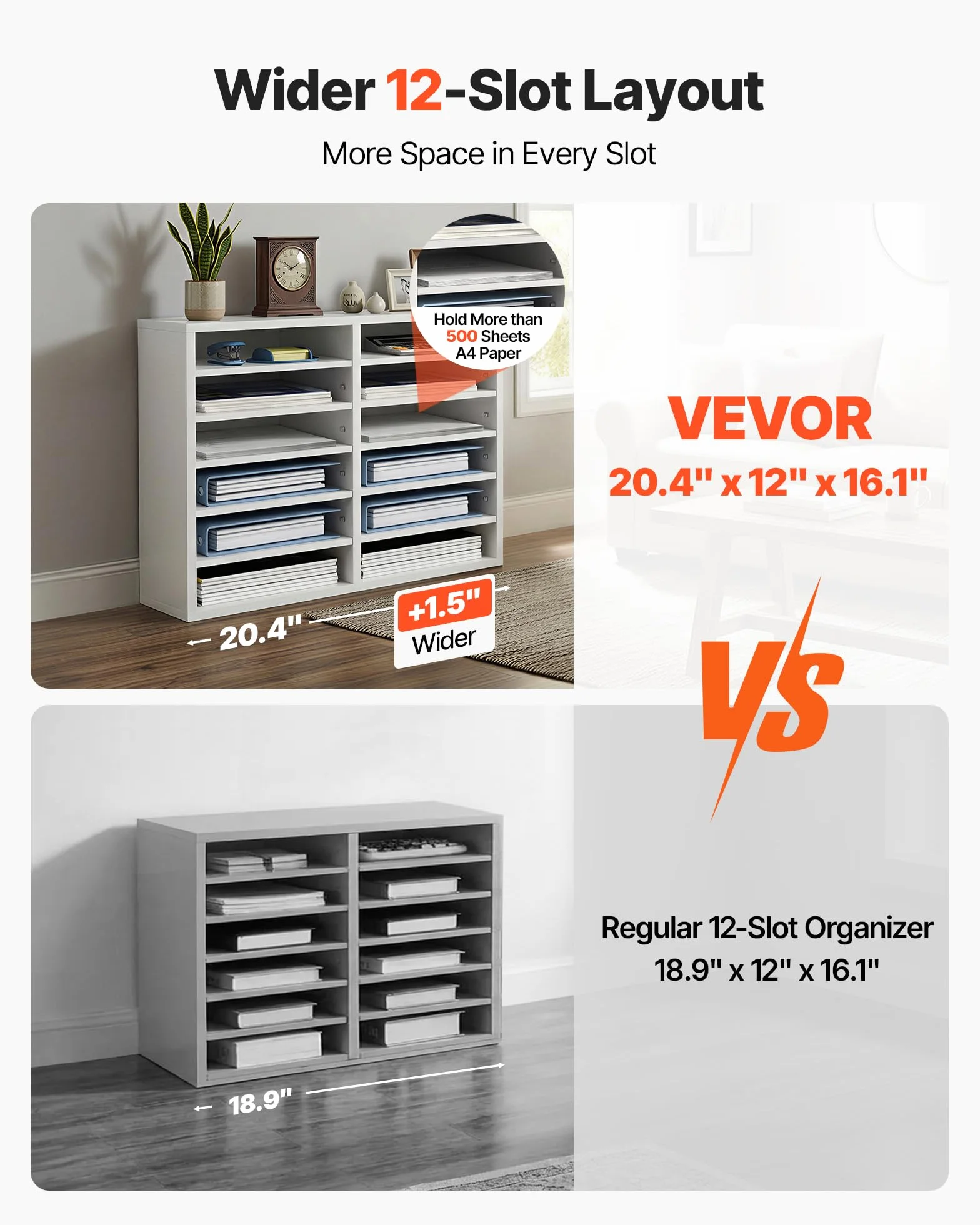 VEVOR Drewniany Organizator Literatury Płyta wiórowa Półka do przechowywania dokumentów 12 przegródek 52x30,5x41 cm Klasyfikator literatury z regulowanymi półkami biurowymi, Biały