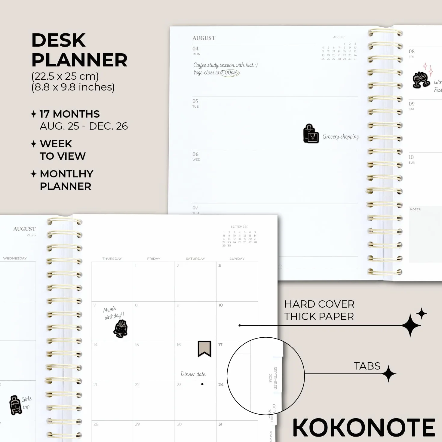 Kokonote Academic Diary 2025-2026 Week To View - Back To Black | Academic Planner 2025-2026 With Stickers & Tabs, Student Essentials For University, Back To School Stationery