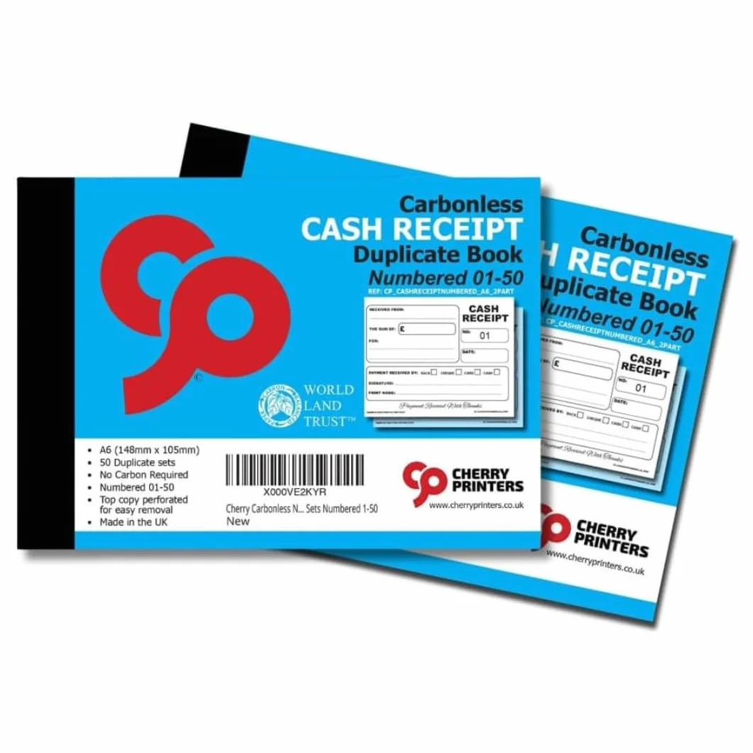 Cherry Carbonless NCR Cash Receipt Book Duplicate A6 50 Ponumerowanych Zestaw 2 Sztuki