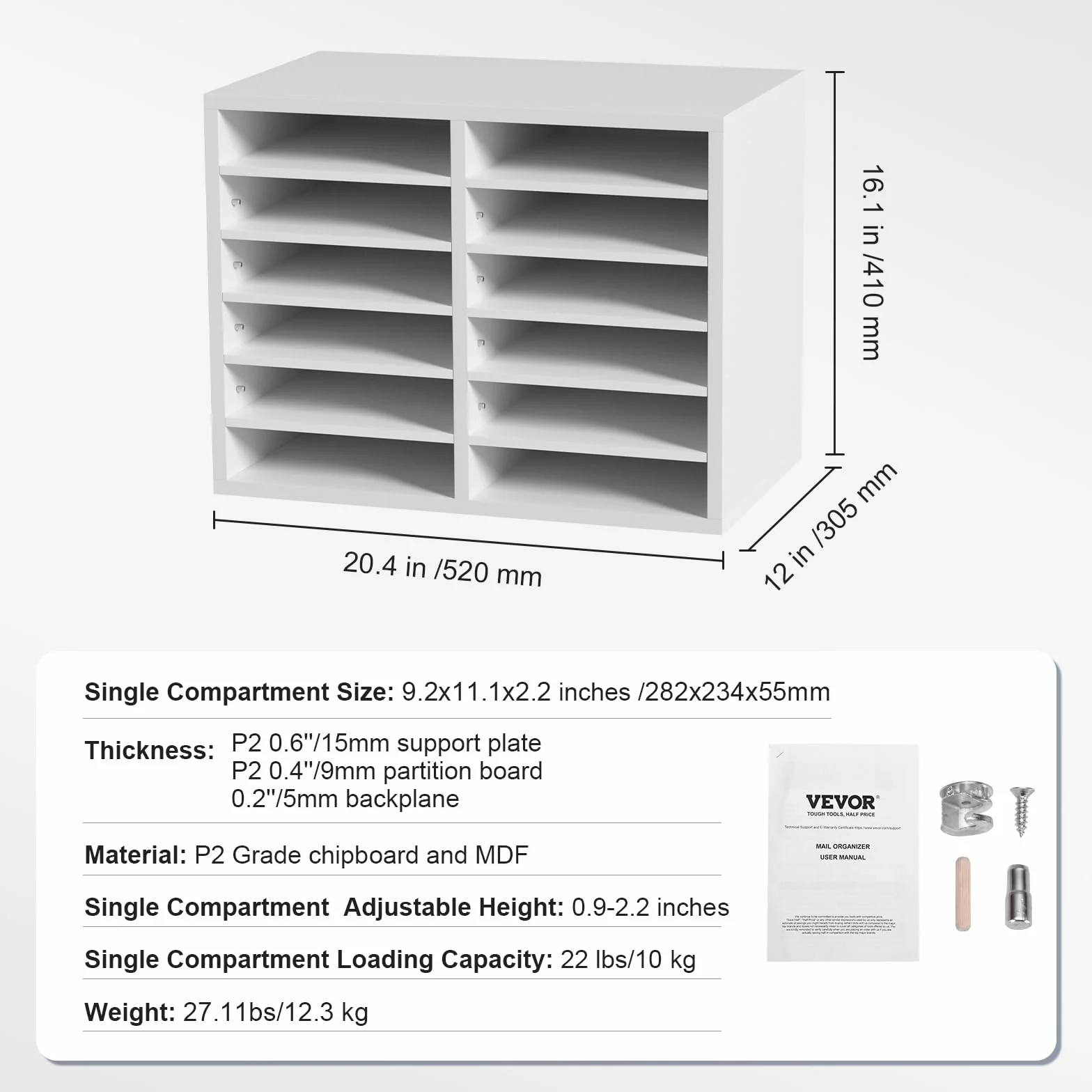 VEVOR Drewniany Organizator Literatury Płyta wiórowa Półka do przechowywania dokumentów 12 przegródek 52x30,5x41 cm Klasyfikator literatury z regulowanymi półkami biurowymi, Biały