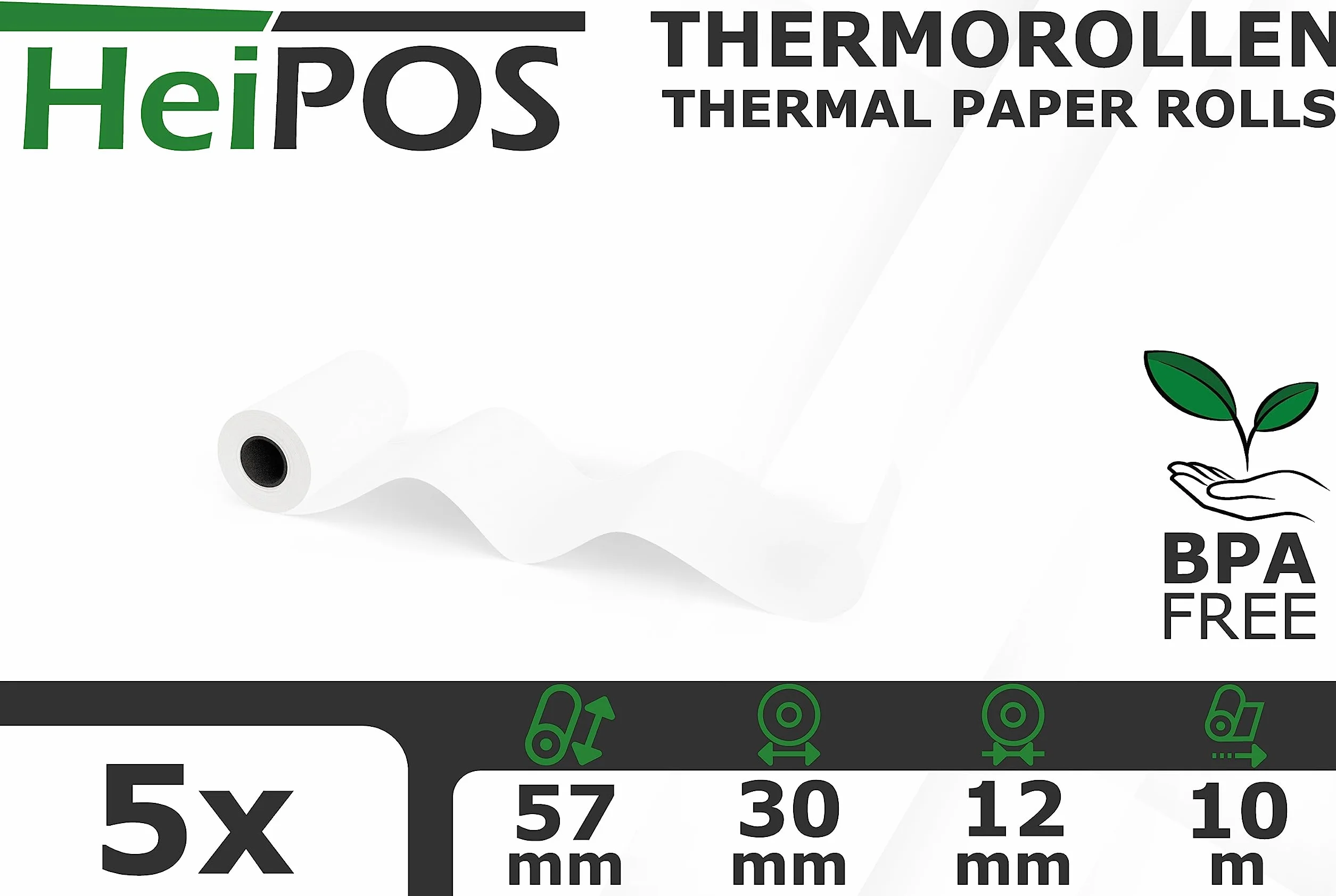 HeiPOS 5x rolki termiczne BPA free (W/Ø) 57mm / 30mm - długość 10m, rdzeń Ø 12mm, gramatura 52 g/m2, grubość 60 µm, 10 lat trwałości