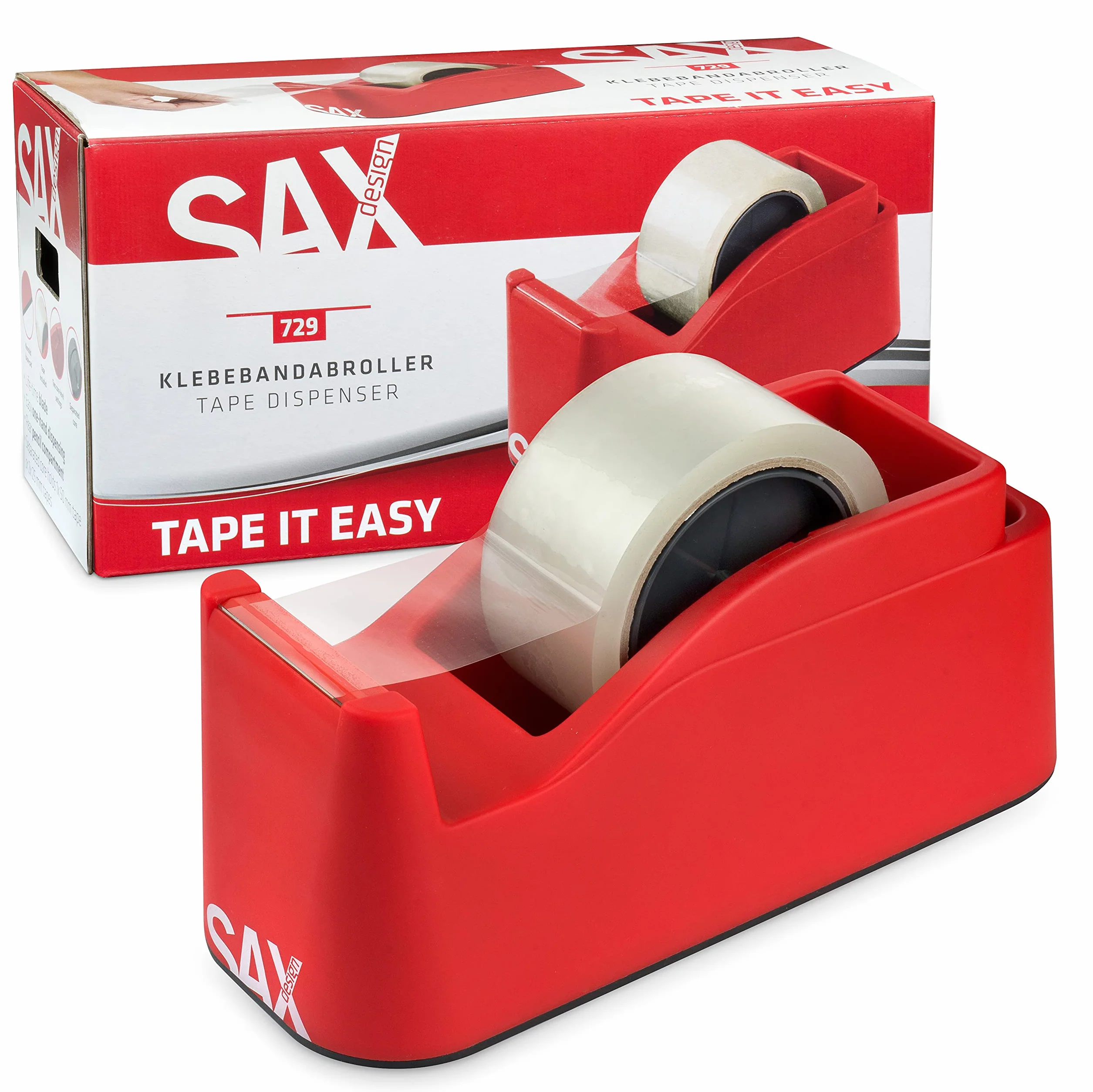 SAX Tape it Easy XXL jednoręczny dozownik taśmy klejącej, bardzo ciężki | do 1 taśmy 50 mm lub 2 x 25 mm, dozownik taśmy z uchwytem na długopisy, antypoślizgowy, w zestawie z dwustronnym ostrzem,