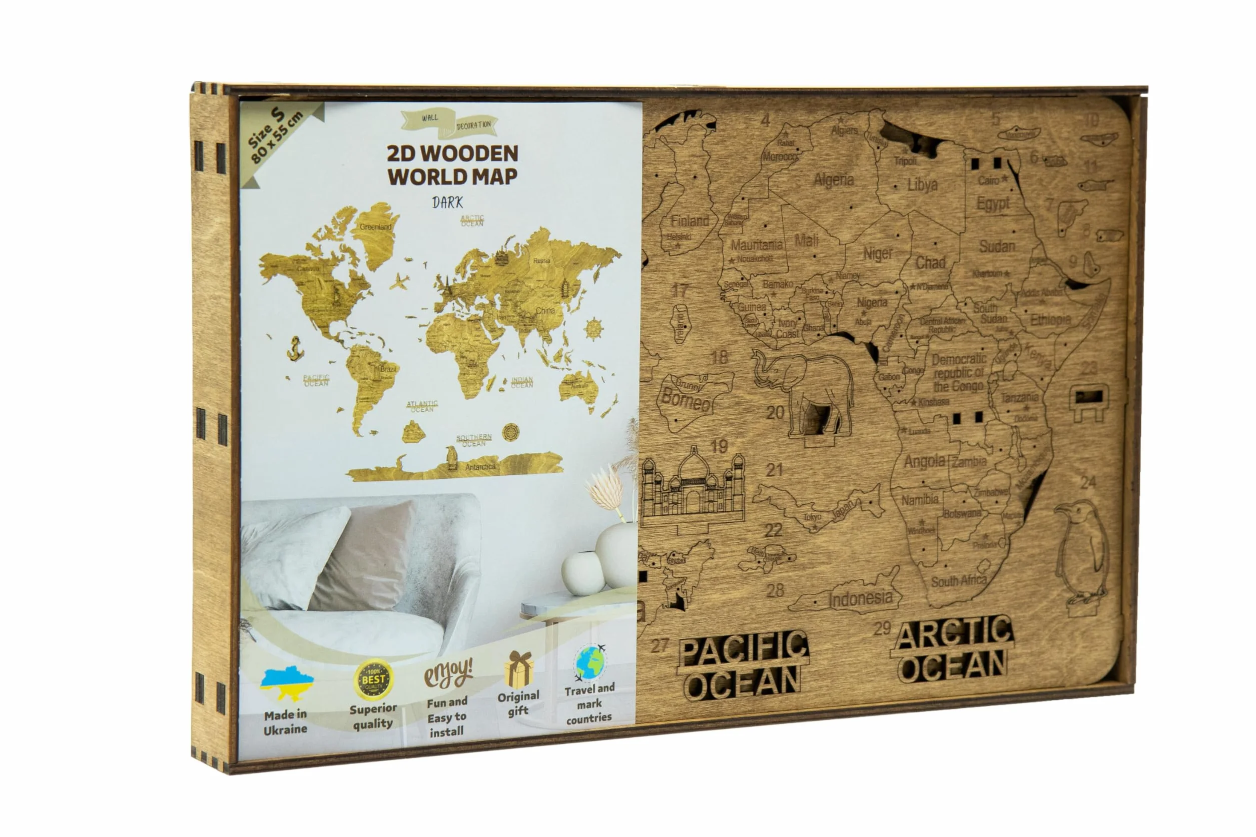 Creatifwood Drewniana mapa świata 2D, dekoracja ścienna, mapa świata z drewna, do salonu, biura lub sypialni (ciemne, S: 80 x 55 cm)