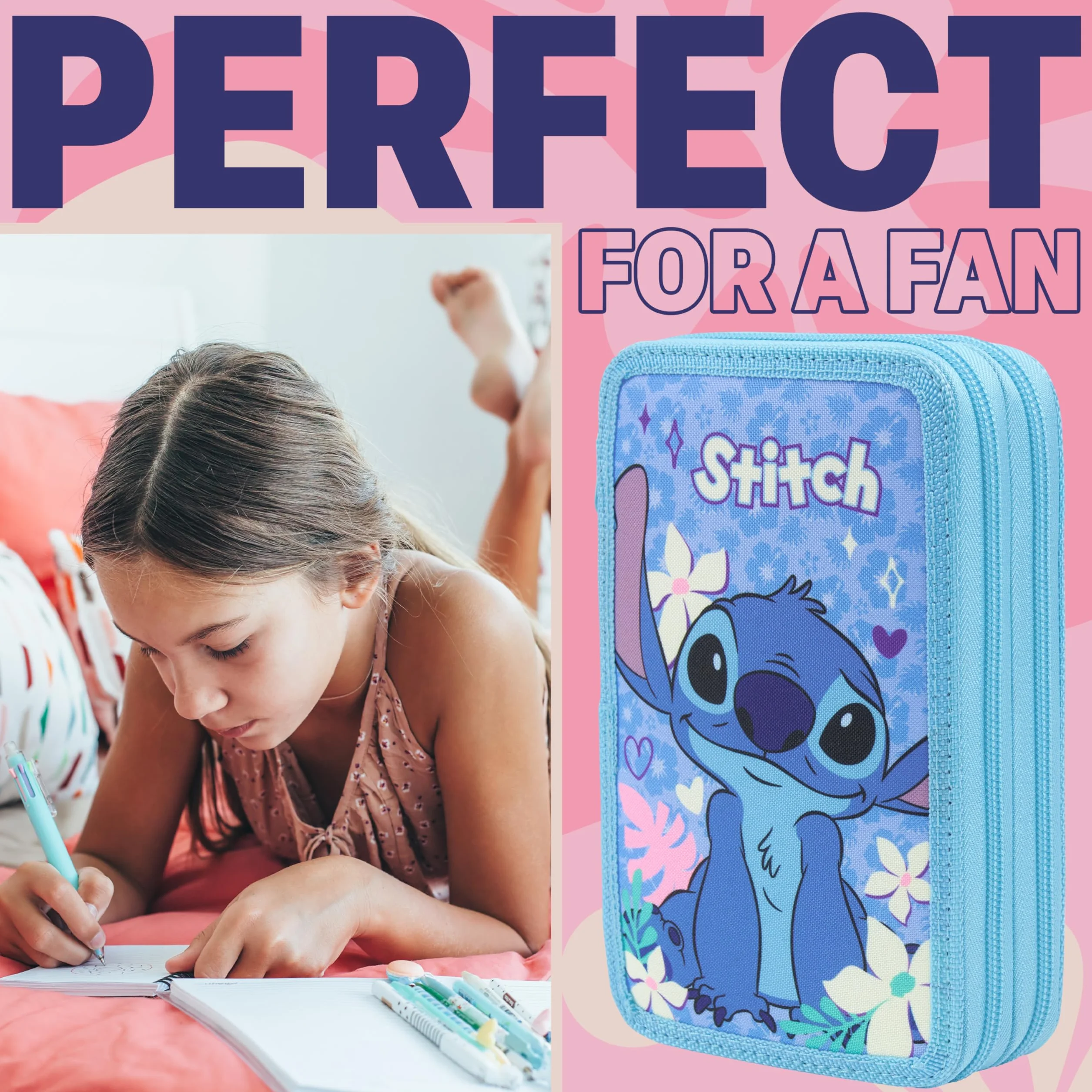 Disney Piórnik Stitch dla dziewczynek, nastolatków, dzieci z 2 przegródkami na kolorki, markery, długopisy, gumki, linijki, szkoła, artykuły szkolne, prezenty dla dziewczynek (Niebieski Stitch)