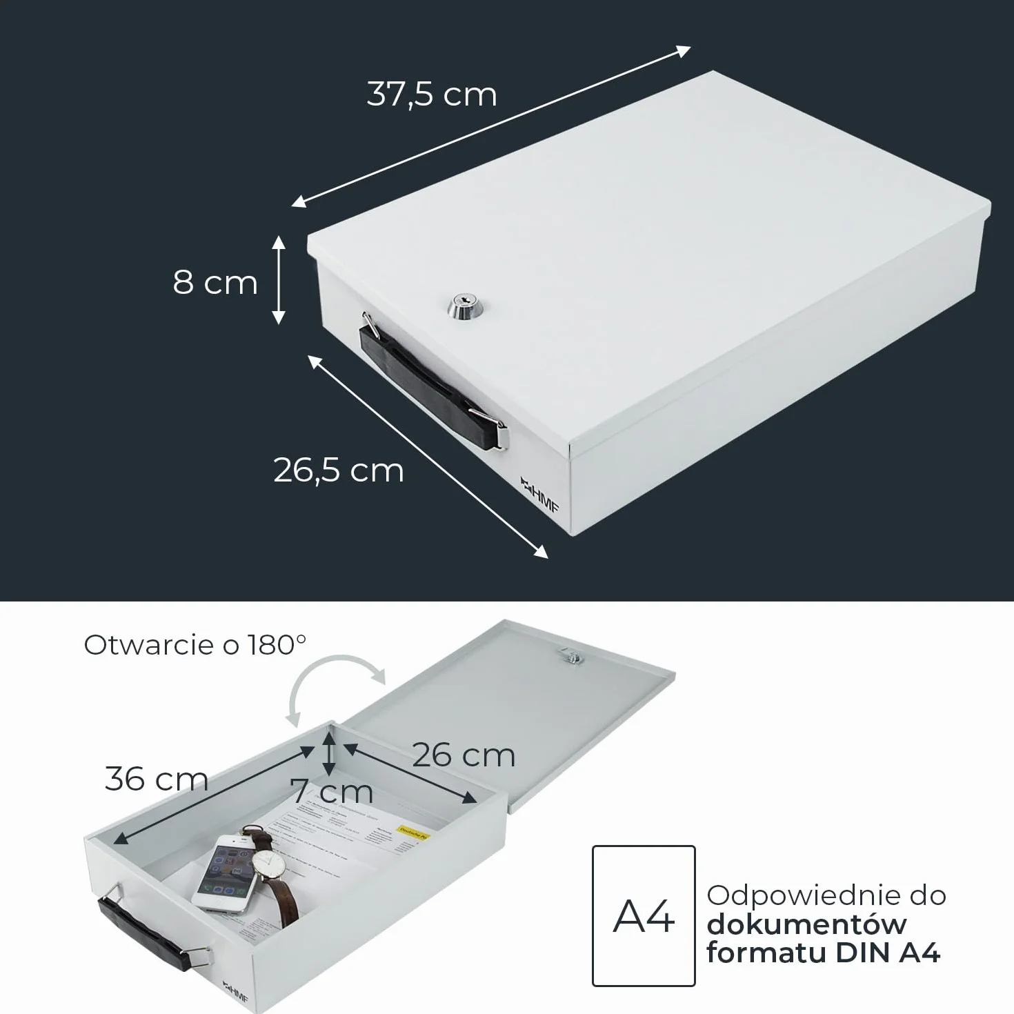 HMF 141-07 zamykana kasetka na dokumenty DIN A4 37,5 x 26,5 x 8 cm