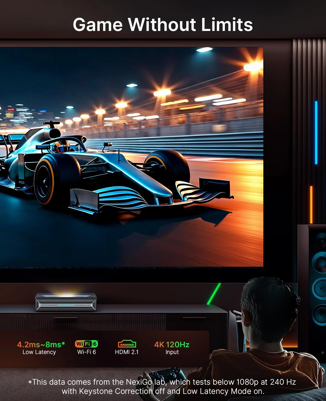 NexiGo Aurora Pro MKII, Projektor UST z laserem trójkolorowym 4K, Kontrast 30000:1, Dynamiczna Przysłona i Przyciemnianie Lasera, Współczynnik rzutu 0,21:1, Dolby Vision i Atmos, HDR10+, 3D
