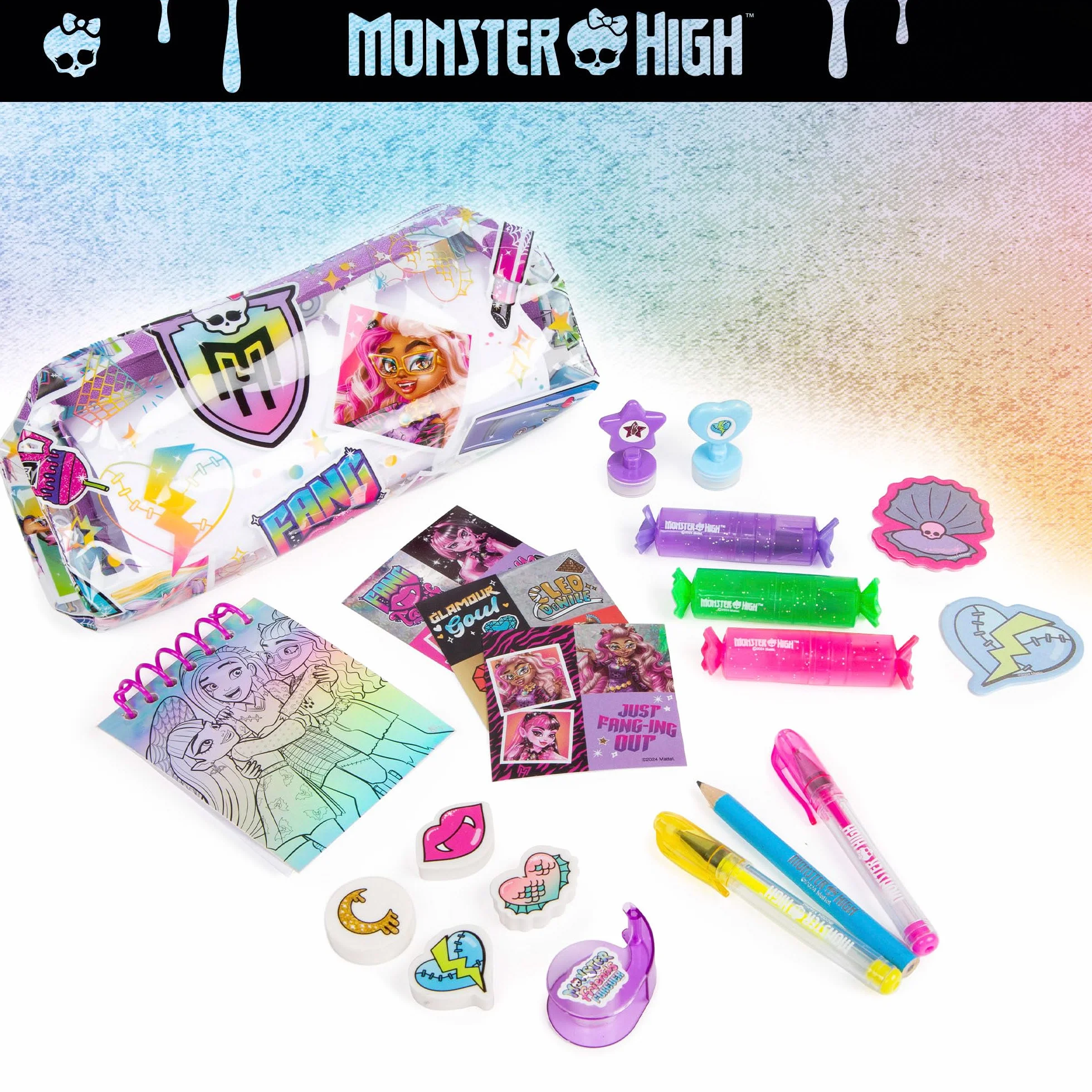 ColorBaby Monster High zestaw do pisania szafy, piórnik, długopisy, znaczki i naklejki, przybory szkolne dla dzieci (77515)