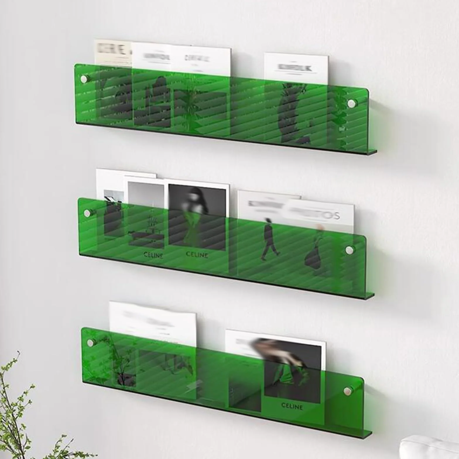 Clear Acrylic Wall Mount Magazine Holder Brochure Rack, Green Bookshelf Stand Literature Storage Shelf (40x5x15cm)