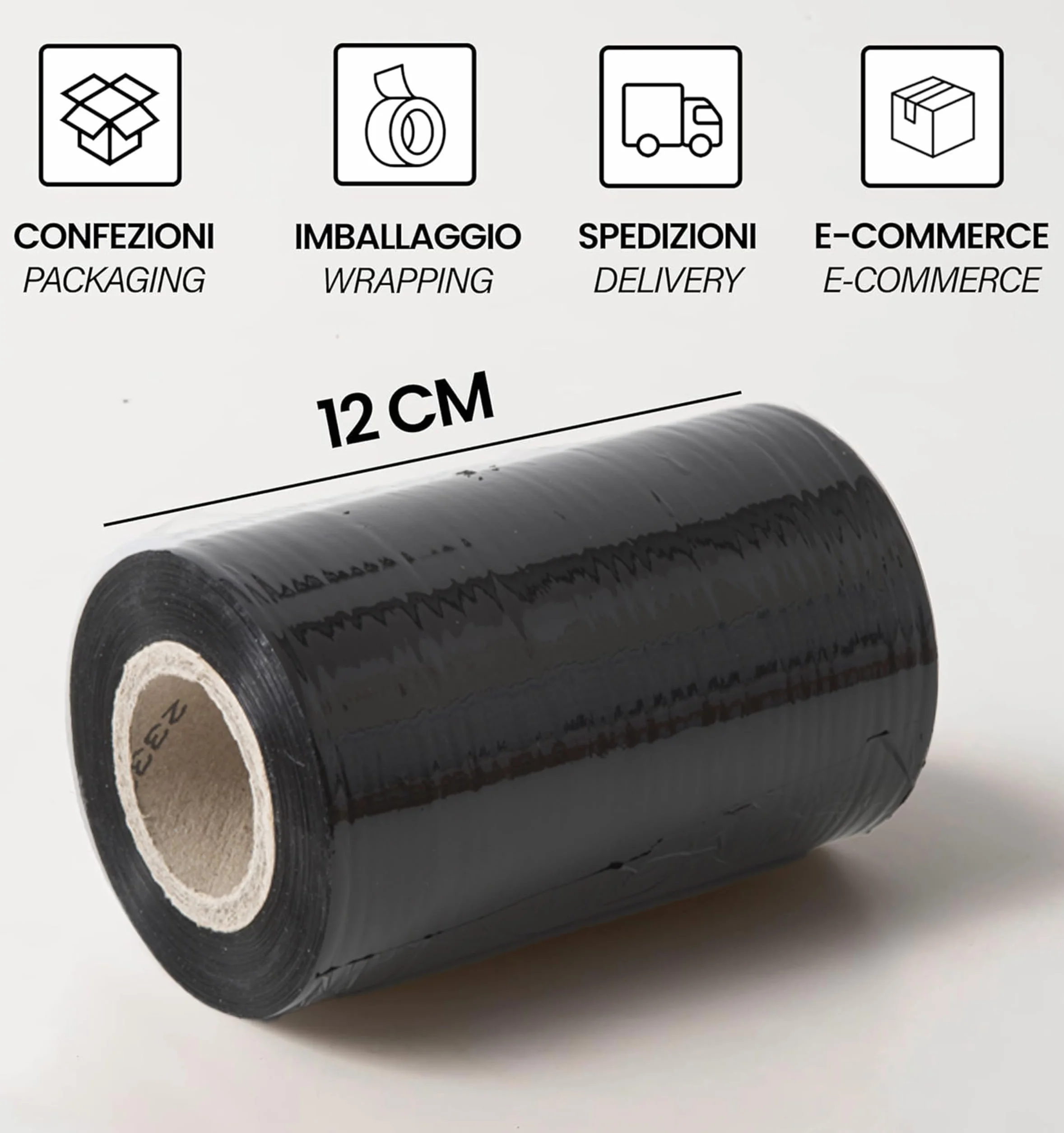 IPEA Czarna folia opakowaniowa - 150 metrów x 12 cm - Made in Italy - folia rozciągliwa - szpula ochronna, pakowanie przedmiotów transportowych - odporna na rozdarcia i zarysowania - czarna