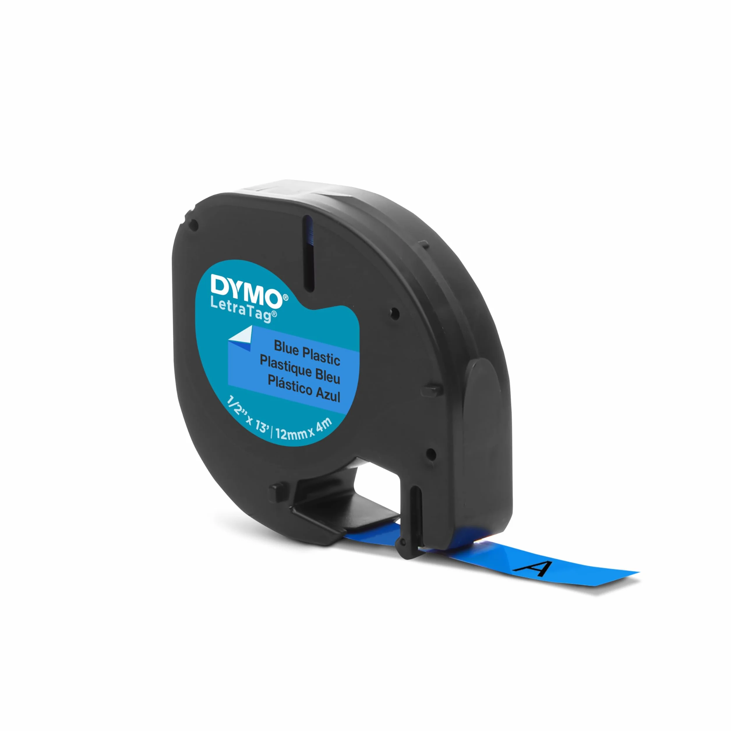 Oryginalne etykiety plastikowe DYMO LetraTag | Rolka 12 mm x 4 m | Czarny nadruk na niebieskich etykietach | Samoprzylepne etykiety uniwersalne do etykieciarek LetraTag