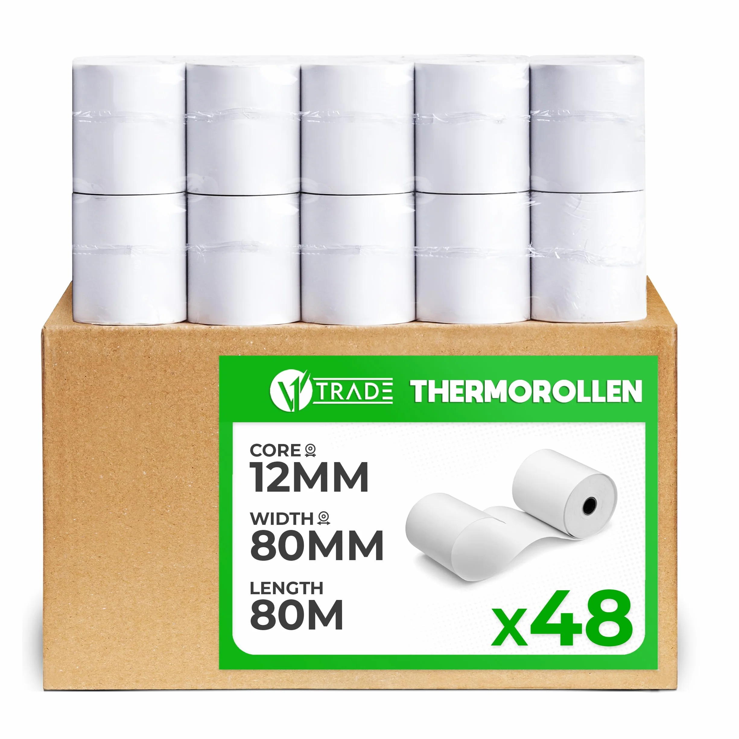 V1 Trade Rolki termiczne 80mm x 80m x 12mm (48 sztuk) - Rolki 80mm do kasy fiskalnej - Rolki EC wykonane z papieru termicznego 42 g/m2