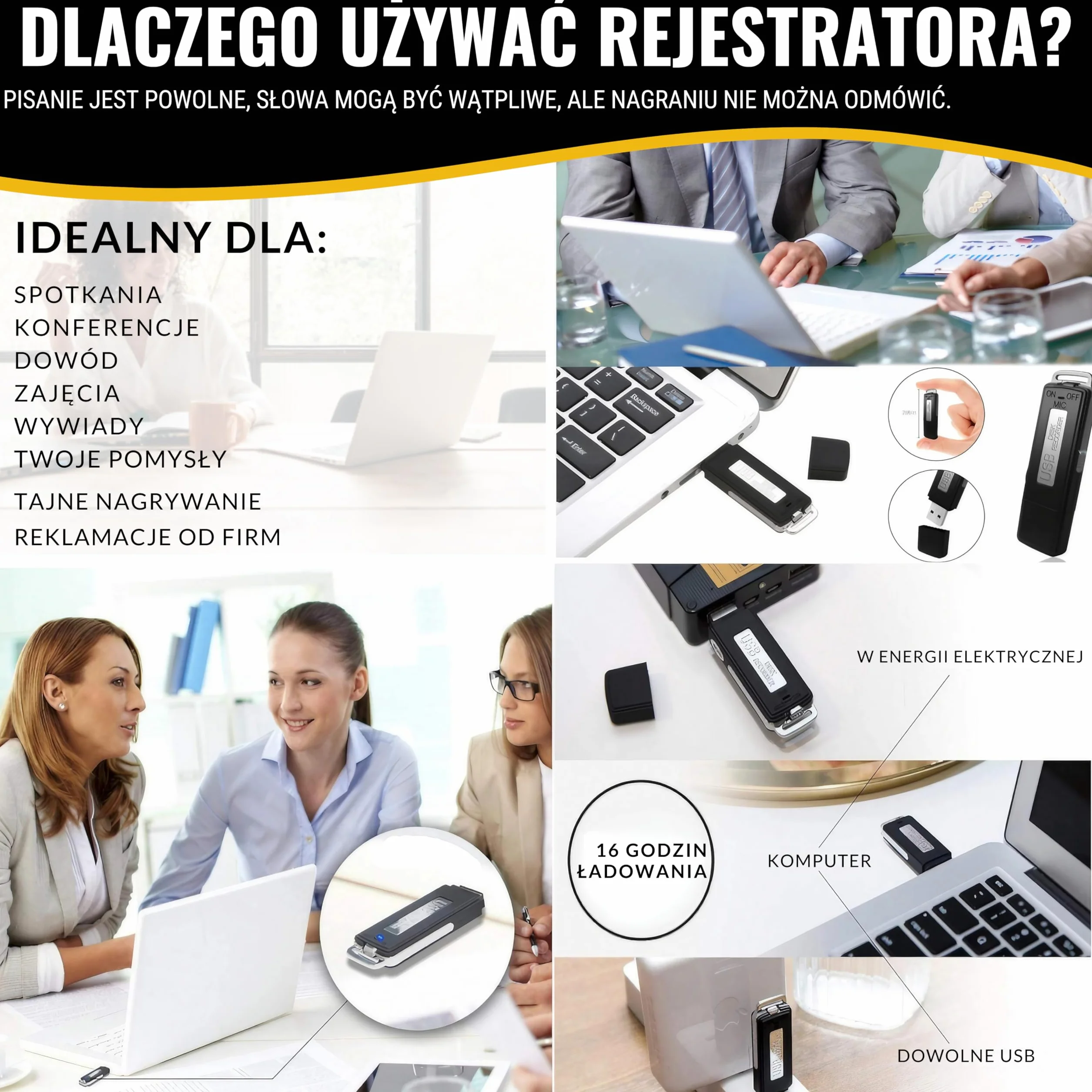 Cyfrowy dyktafon USB 8 GB mini przenośny rejestrator audio do spotkań wywiadów konferencji