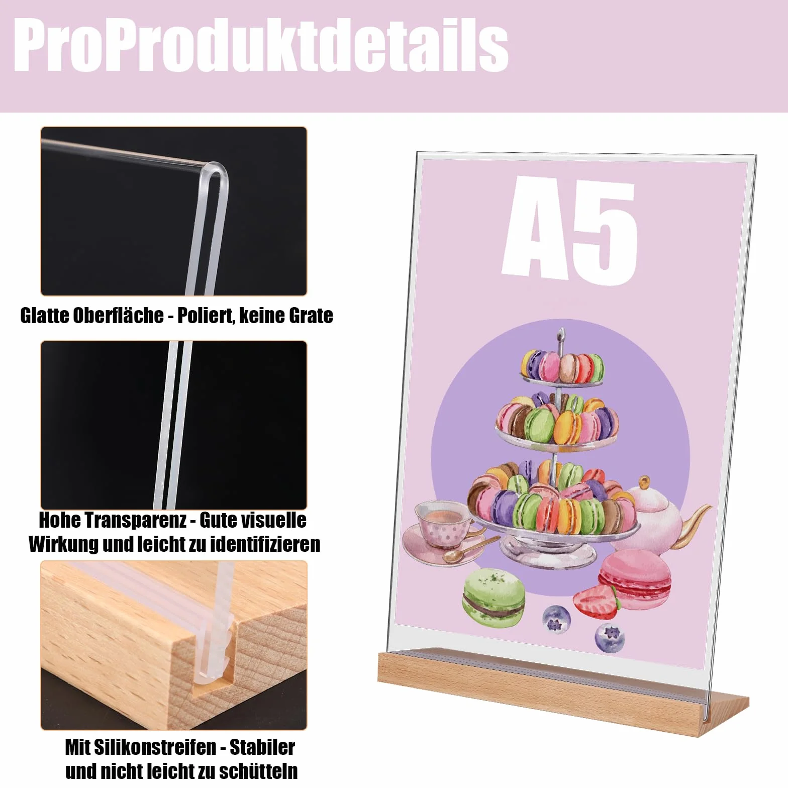 Yoosso Stojak na stół A5, 4 sztuki, w kształcie litery L, format A5, akrylowy, ekspozycja reklamowa z drewnianą podstawą do menu, kawiarni, restauracji, sklepu, na wesele (21 x 14,3 cm)