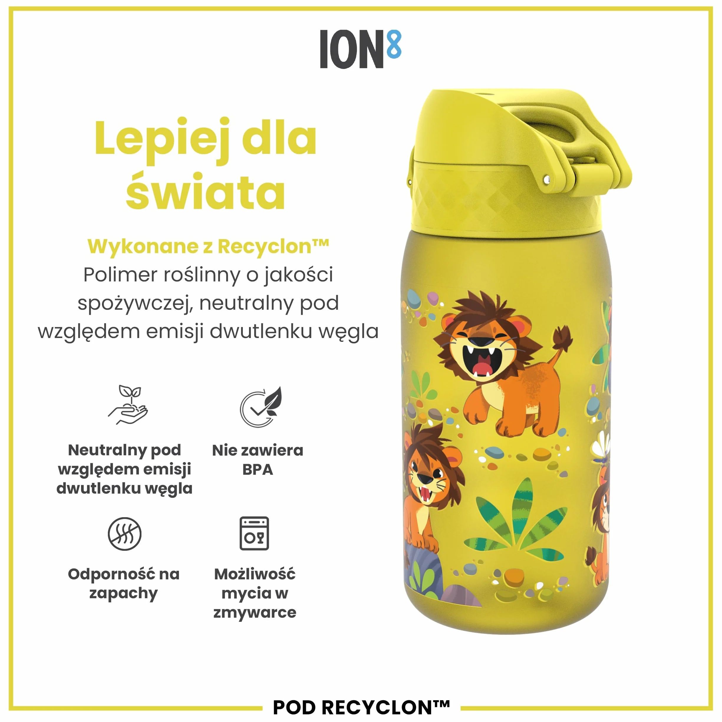 ION8 Butelka dla Dzieci, 350 ml/12 oz, Szczelna, Łatwa do Otwarcia, Bezpieczny Zamek, Można Myć w Zmywarce, Bez BPA, Uchwyt do Przenoszenia, Łatwa do Czyszczenia, Bezwonny, Lwiątka
