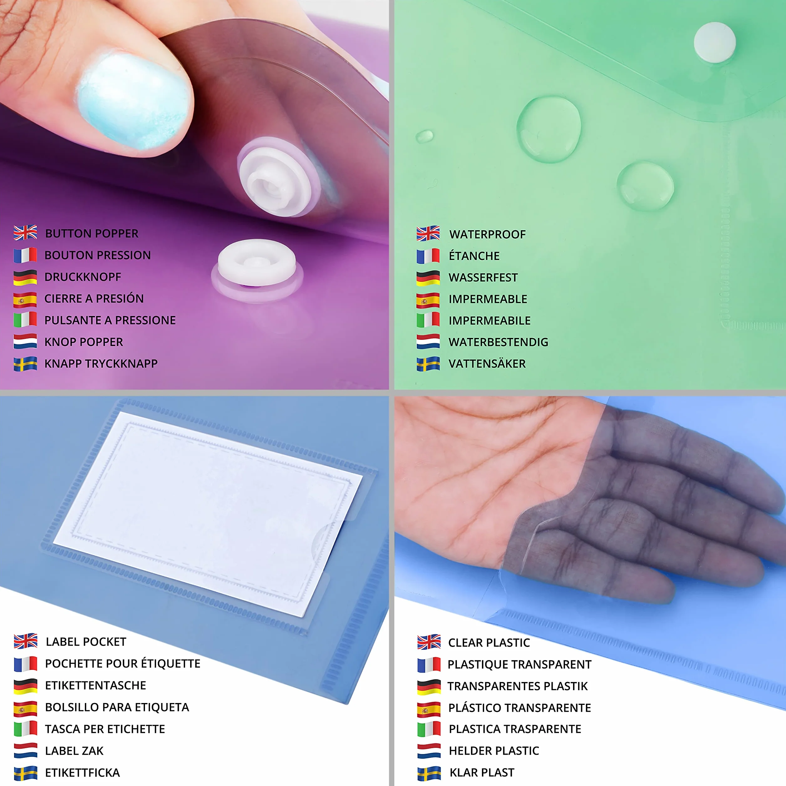 Belle Vous Zestaw 24 kolorowych plastikowych pudełek na dokumenty w formacie A5, z zapięciem na zatrzask i etui na karty, etui do przechowywania domu, biura i szkoły, plastikowa torba A5 na dokumenty
