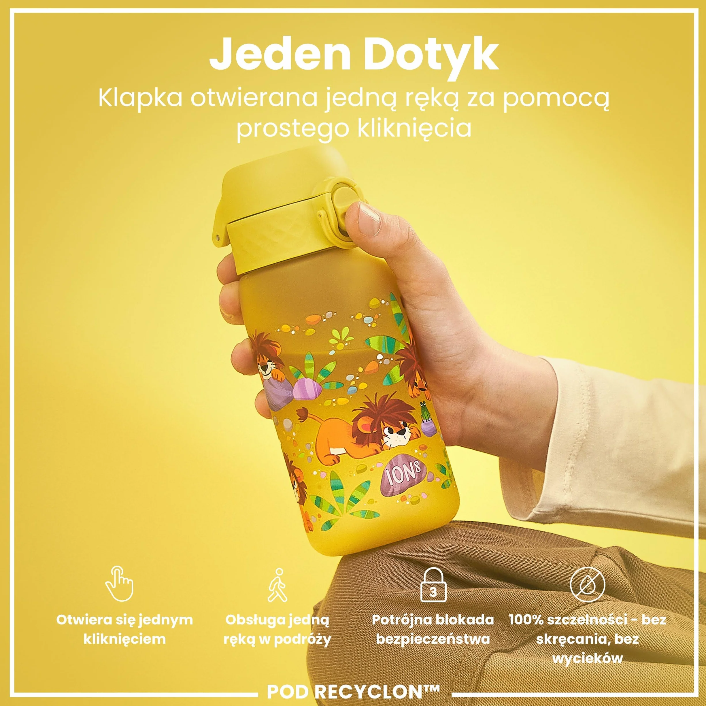 ION8 Butelka dla Dzieci, 350 ml/12 oz, Szczelna, Łatwa do Otwarcia, Bezpieczny Zamek, Można Myć w Zmywarce, Bez BPA, Uchwyt do Przenoszenia, Łatwa do Czyszczenia, Bezwonny, Lwiątka