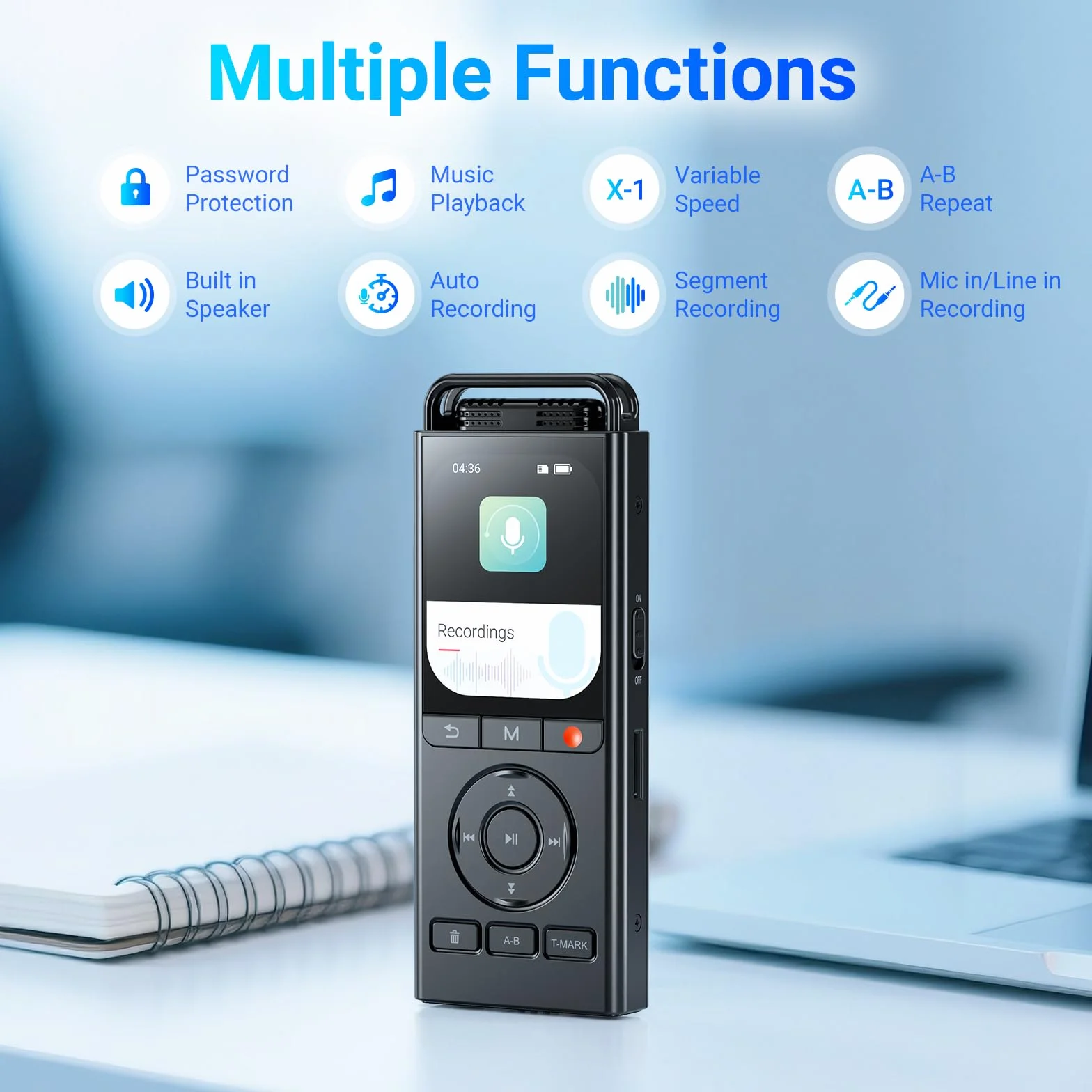 MECHEN Dyktafon cyfrowy 144 GB 3072 kbps HD audio redukcja szumów USB C