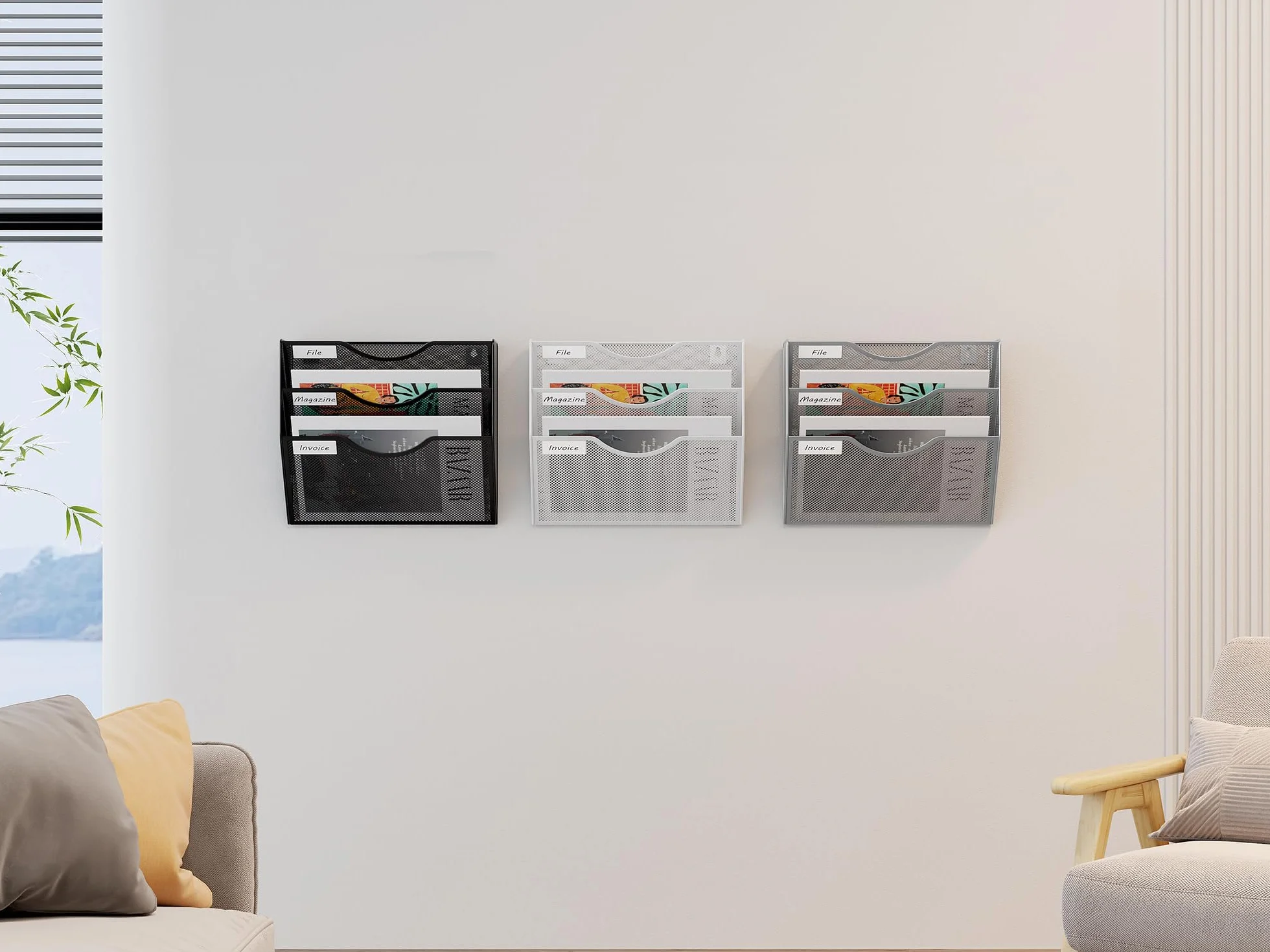 EasyPAG Uchwyt Ścienny na Dokumenty A4 3 Przedziały Metal Siatka,Wiszący Organizer na Dokumenty,Ścienny Stojak na Pocztę,Przechowywanie Czasopism do Biura & Domu,Biały