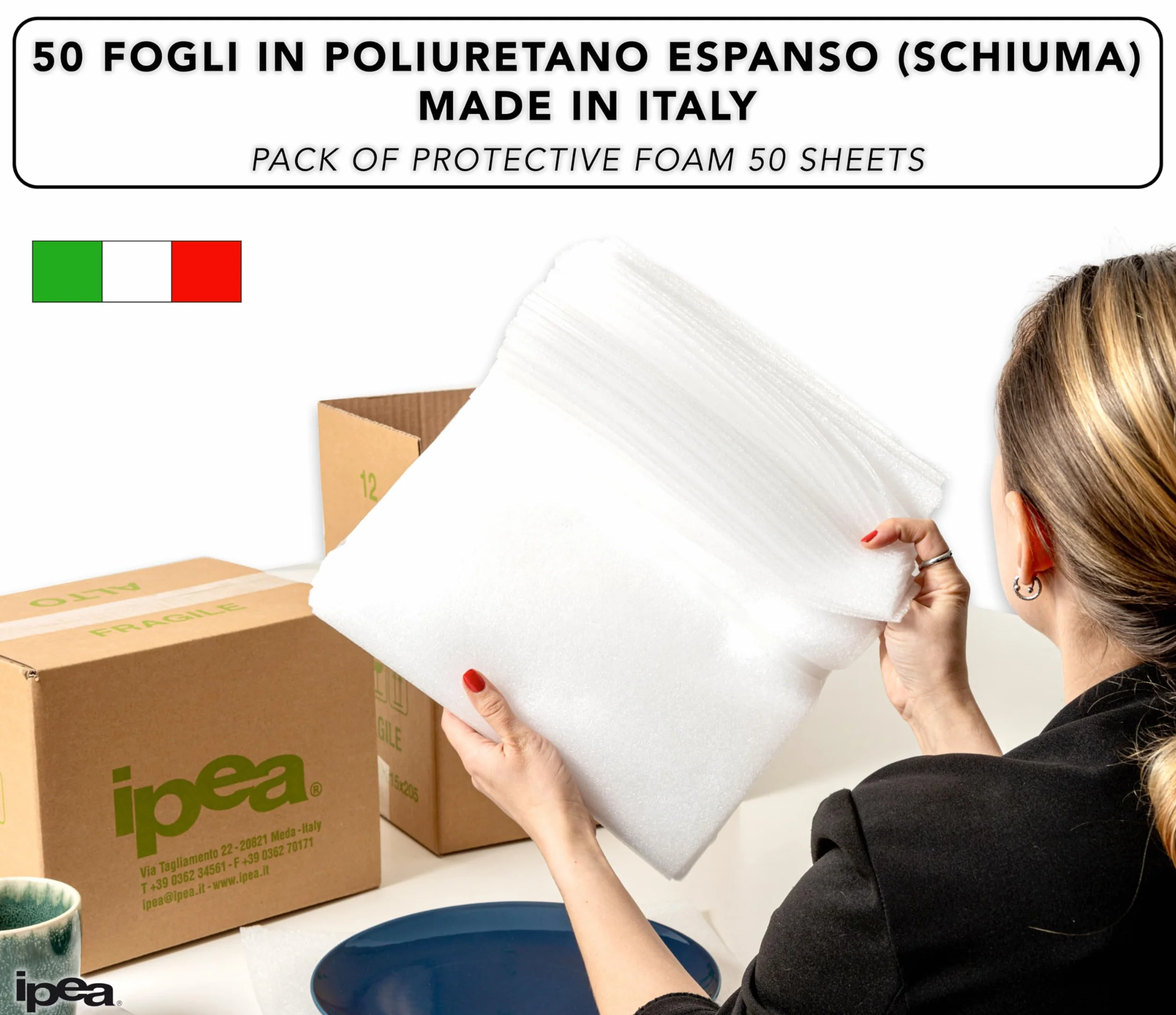 IPEA Arkusze z pianki poliuretanowej do wbijania i ochrony - 50 sztuk - Wyprodukowano we Włoszech - 30 x 30 cm - arkusz na talerze, kubki, delikatne przedmioty - wysyłka i przeprowadzka