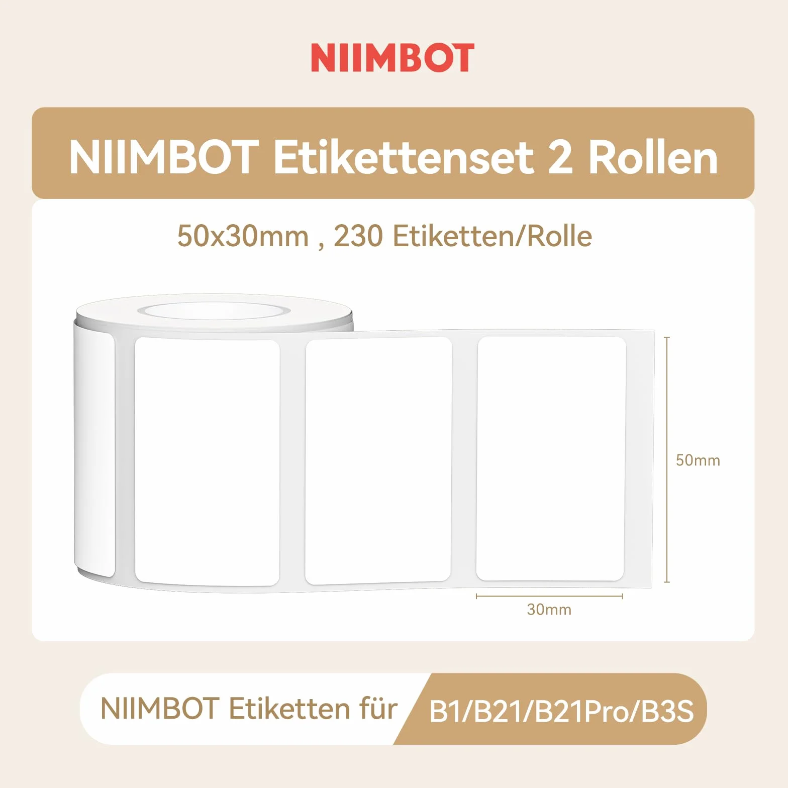 NIIMBOT Etykiety samoprzylepne, rolka do B21/B1, 50 x 30 mm, 230 etykiet / rolka, 2-rolkowe taśmy termicznej do etykiet do domowego biura, białe