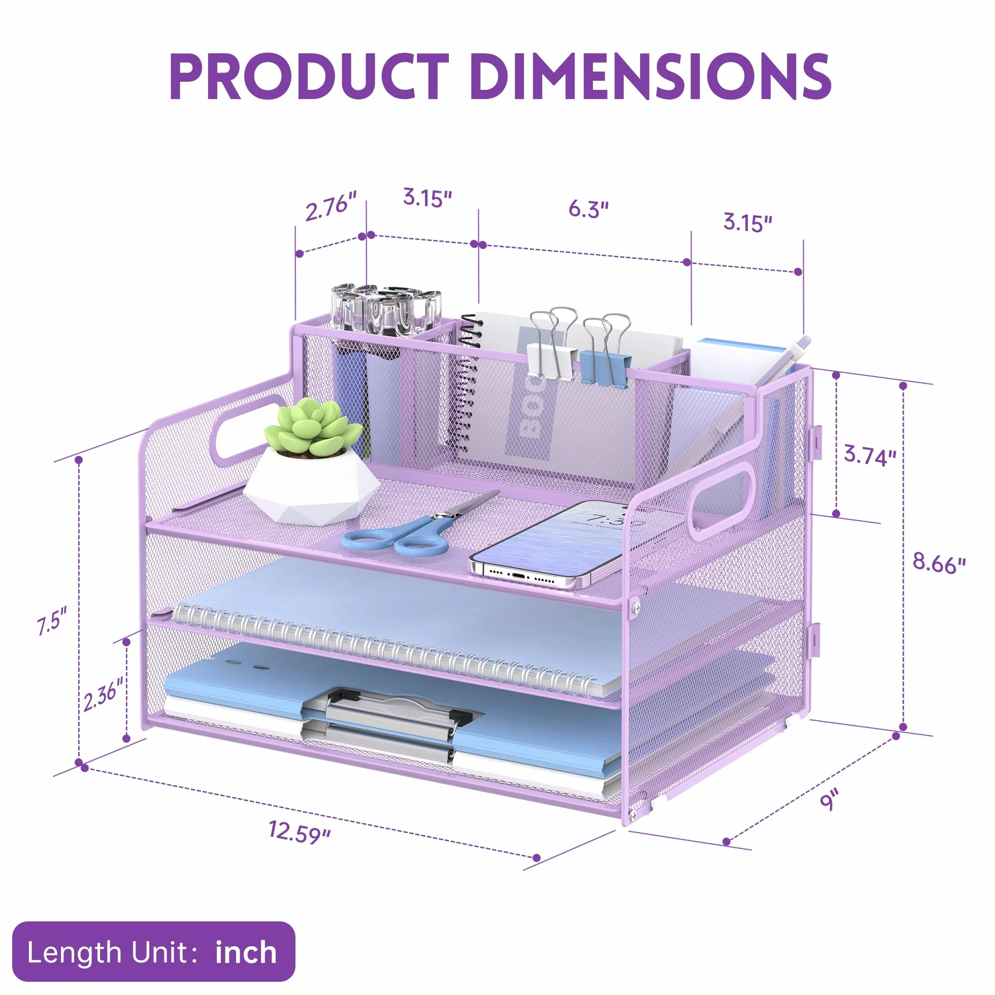 SUPEASY 3 Tier Desk Organizer with Handle & 3 Pen Holders, Mesh Paper/File Organizer for Desk, Paper Letter Tray Organizer for Office Supplies (Light Purple)