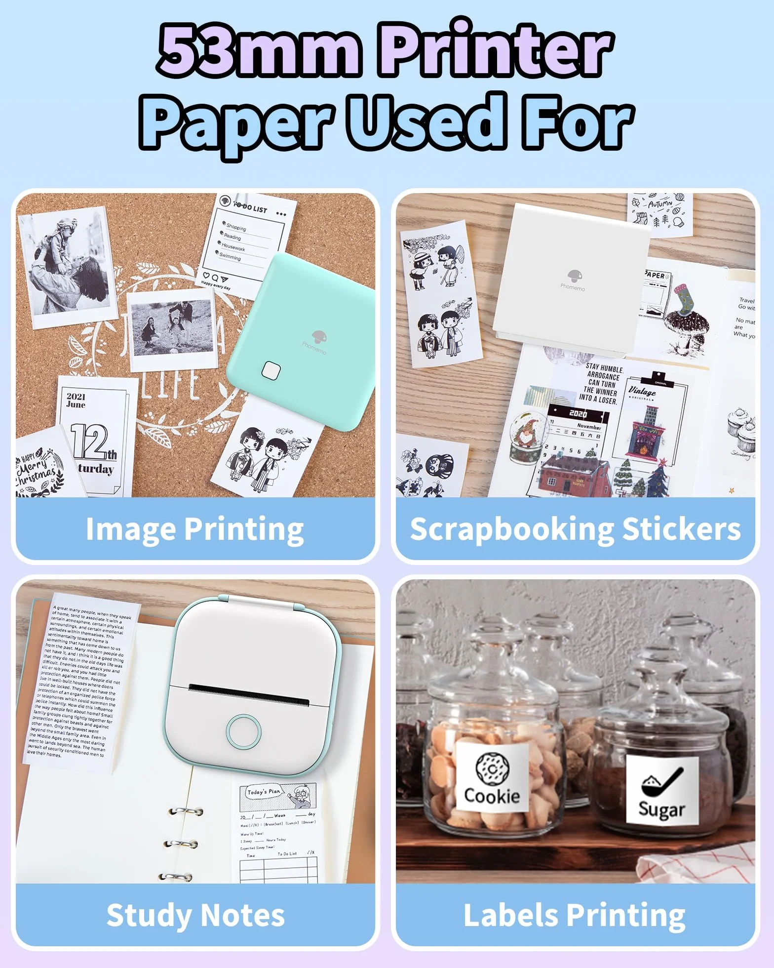 Phomemo Papier do drukarki M02Pro/M02/M02S/P2S/M03/M04S/M04AS mini drukarka termiczna, do scrapbookingu, zdjęć, notatek, etykiet, 50 mm x 3,5 m, 3 rolki