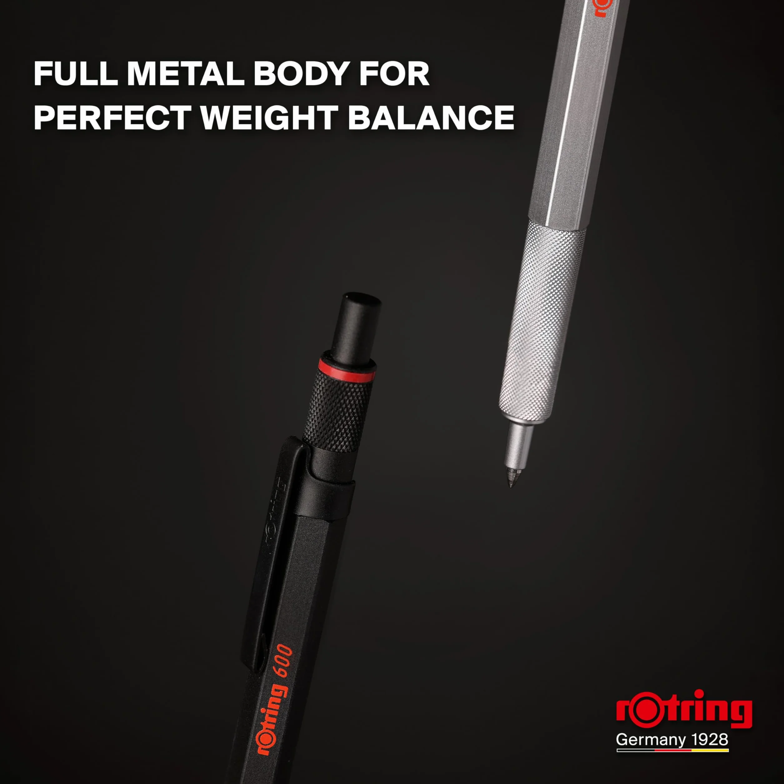 rOtring 600 Długopis żelowy | 0,55 mm | Czarny tusz | Srebrna metalowa obudowa | Antypoślizgowy uchwyt radełkowany i sześciokątny korpus | Z wymiennym wkładem