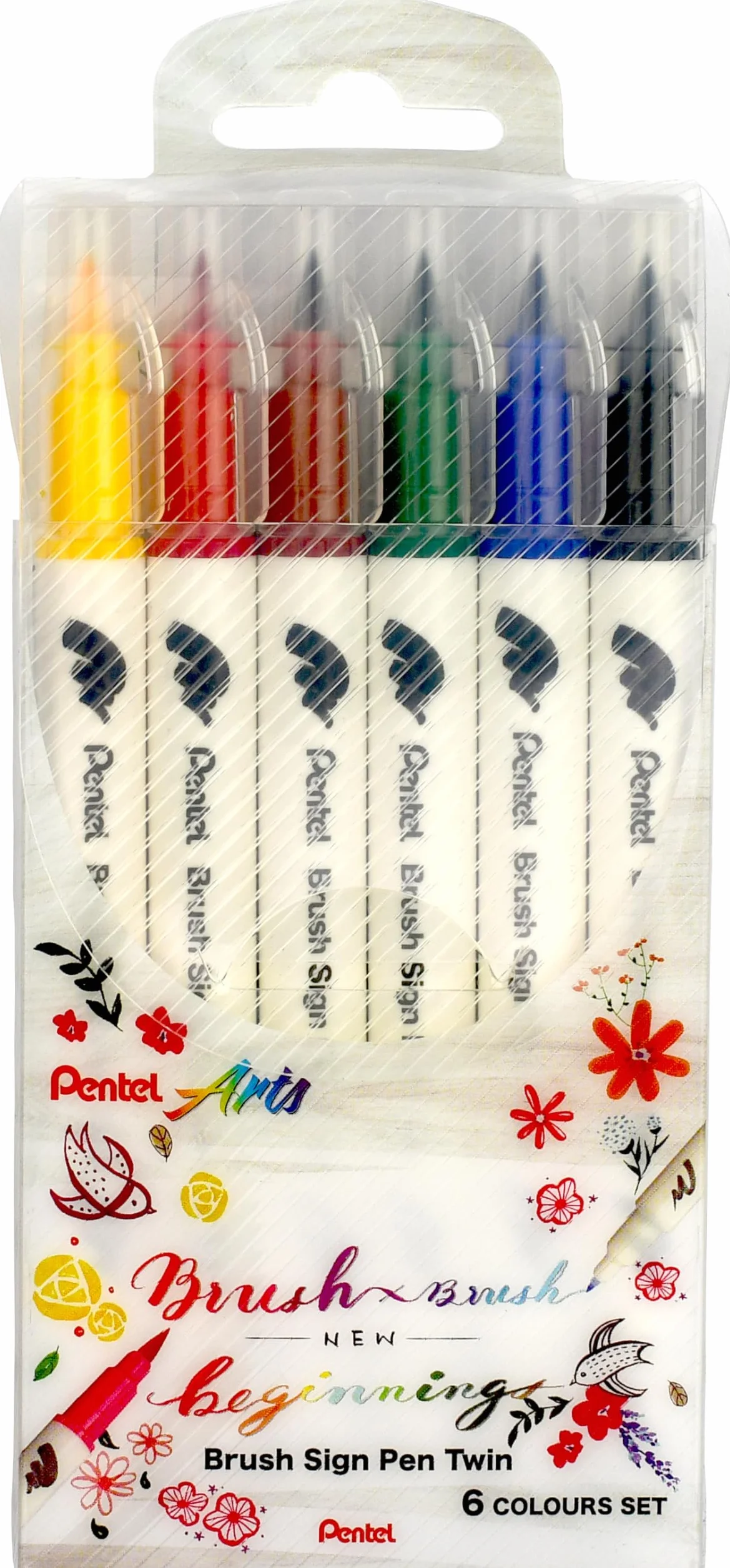 Pentel SESW30C-6 Brush Sign Pen Twin, zestaw 6 kolorów, flamastry z dwiema elastycznymi końcówkami, tusz na bazie wody, sortowane, 1 sztuka (6 sztuk)