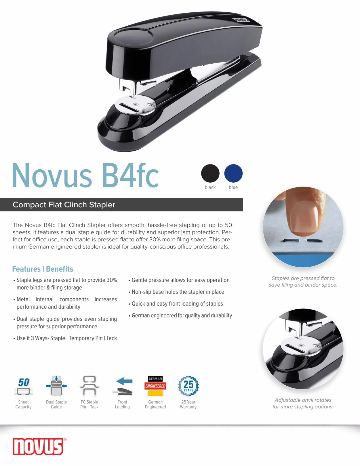 Novus B 4fc 50 arkuszy pojemność zszywacz płaski klinch - czarny
