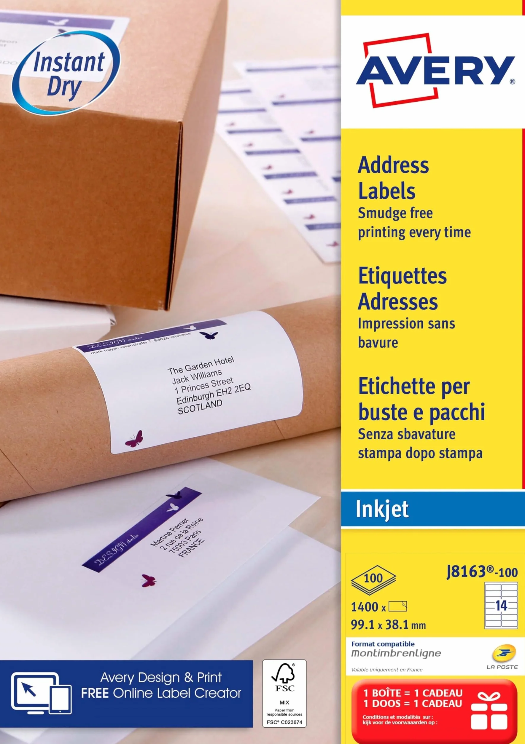 AverY samoprzylepne etykiety adresowe, drukarki atramentowe, 14 etykiet na arkusz A4, 1400 etykiet, QuickDRY (J8163)