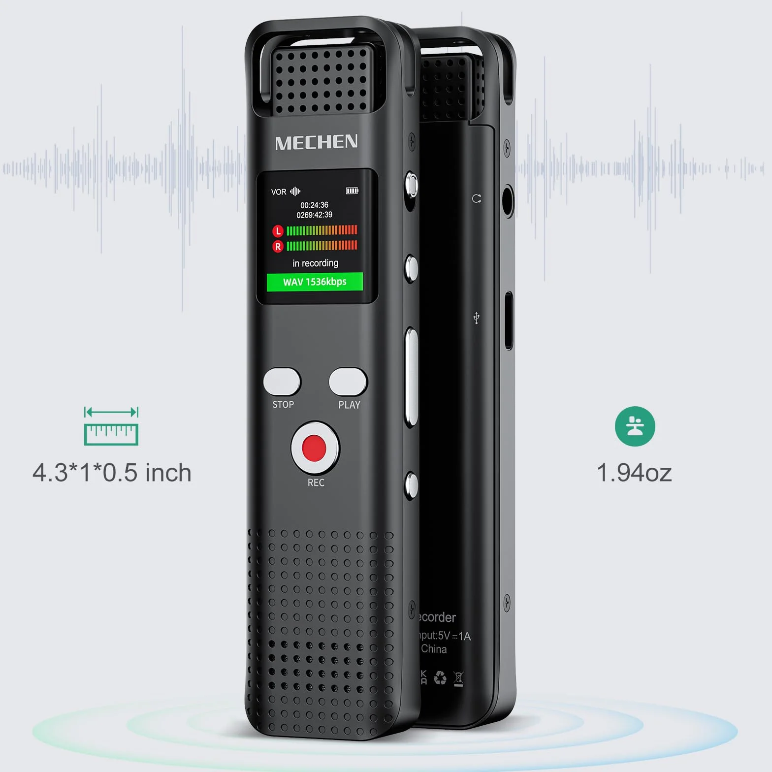 MECHEN Dyktafon cyfrowy, 64 GB, 1536 kbps z odtwarzaczem MP3, jakość dźwięku HD, redukcja szumów z funkcją sterowania głosem, funkcja nagrywania na wykład, spotkania
