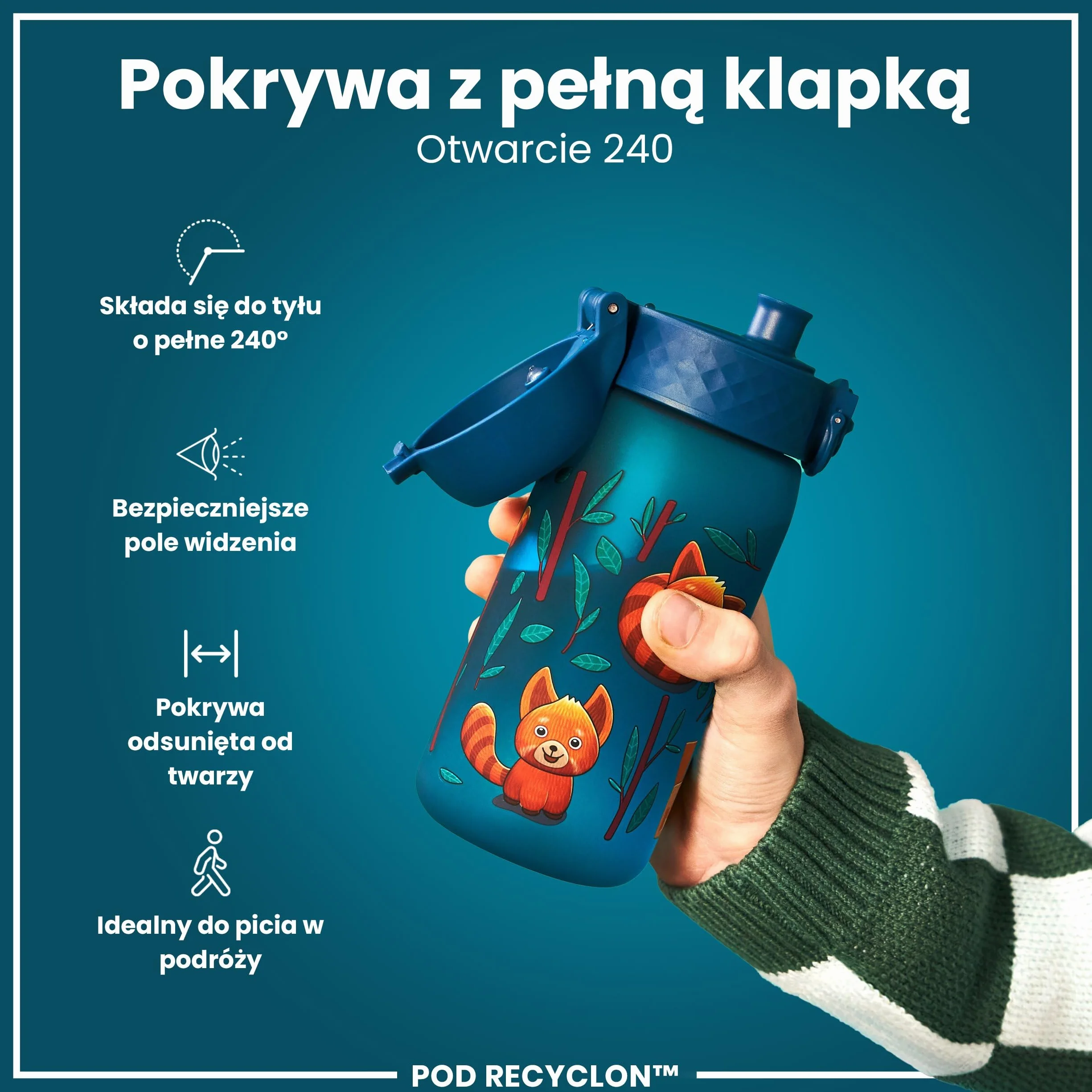 ION8 Butelka dla Dzieci, 350 ml/12 oz, Szczelna, Łatwa do Otwarcia, Bezpieczny Zamek, Można Myć w Zmywarce, Bez BPA, Uchwyt do Przenoszenia, Łatwa do Czyszczenia, Bezwonny, Czerwone Pandy