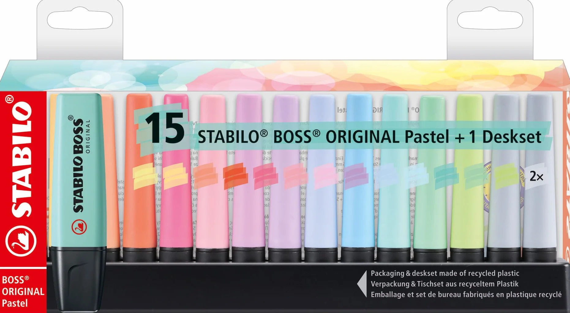 Zakreślacz - STABILO BOSS ORIGINAL Pastel zestaw 15 sztuk na podstawce (14 kolorów, 2*mglisty szary)