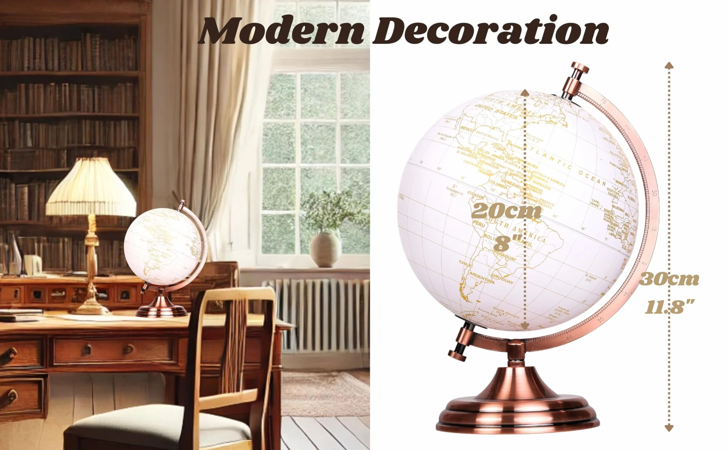 EXERZ Globus 20 cm złoty metaliczny pedagogiczna geograficzna mapa angielska metalowy łuk podstawa