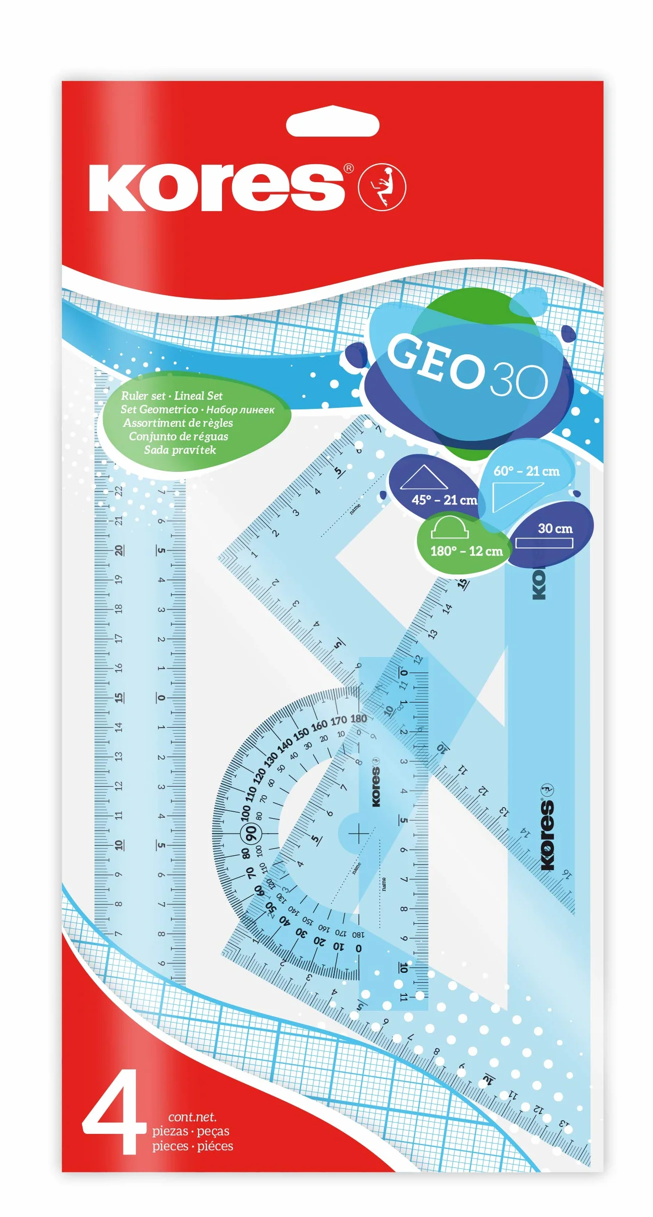 Kores Linijka LIN42104 "Geo Set 30"; zestaw składa się z: linijki 30 cm, trójkąt rysunkowy 45°/21 cm, trójkąt rysunkowy 60°/21 cm, kątomierz 180°/12 cm; z krawędzią tuszu; opakowanie do zawieszenia