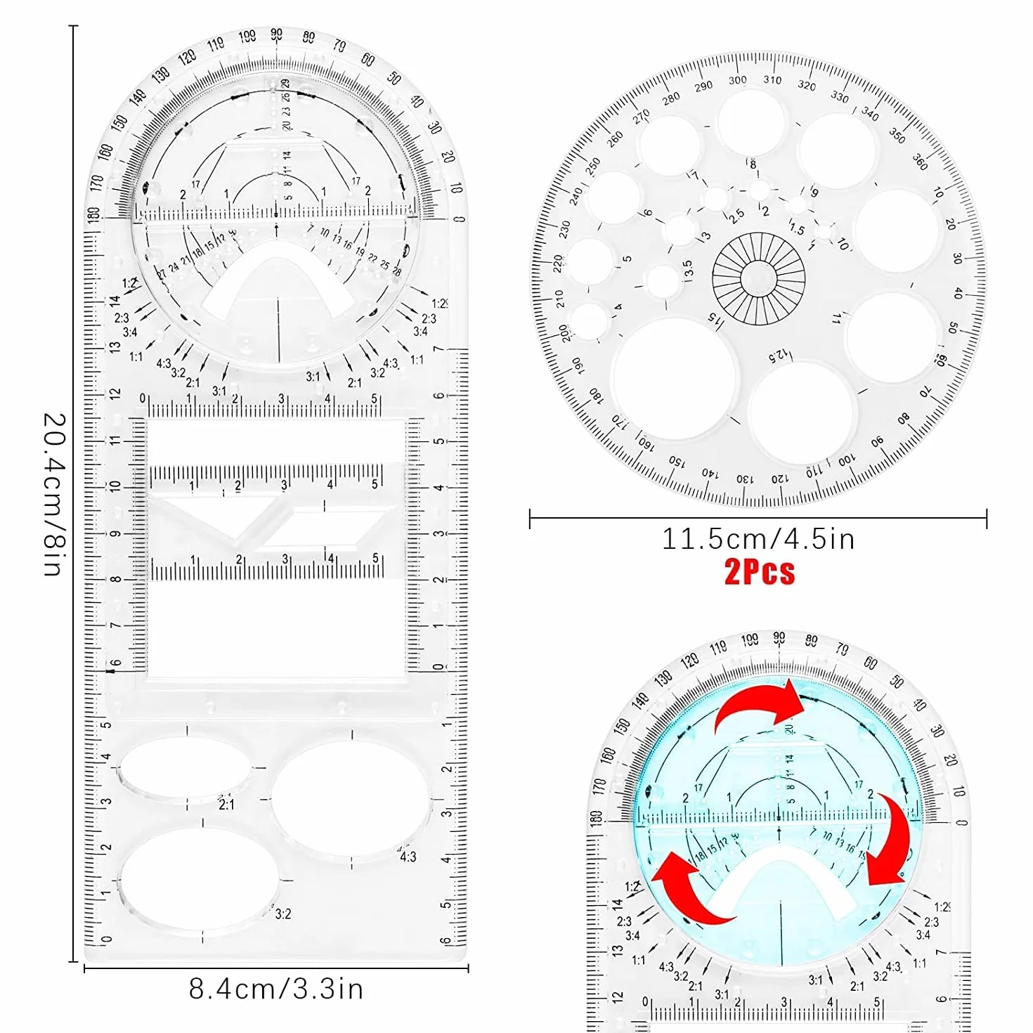 Zestaw 4 wielofunkcyjnych linijek geometrycznych, 2 metry trójkątne, 2 szablony okrągłe 360 stopni, geometryczny szablon do rysowania, narzędzie pomiarowe