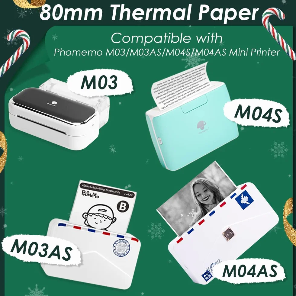 Phomemo M03/M03AS/M04S/M04AS 80mm Drukarka papierowa, 3 rolki samoprzylepnego papieru samoprzylepnego, czarny na białym do przenośnej drukarki Phomemo M03/M03AS/M04S/M04AS 80mm x 3,5m, 10 lat
