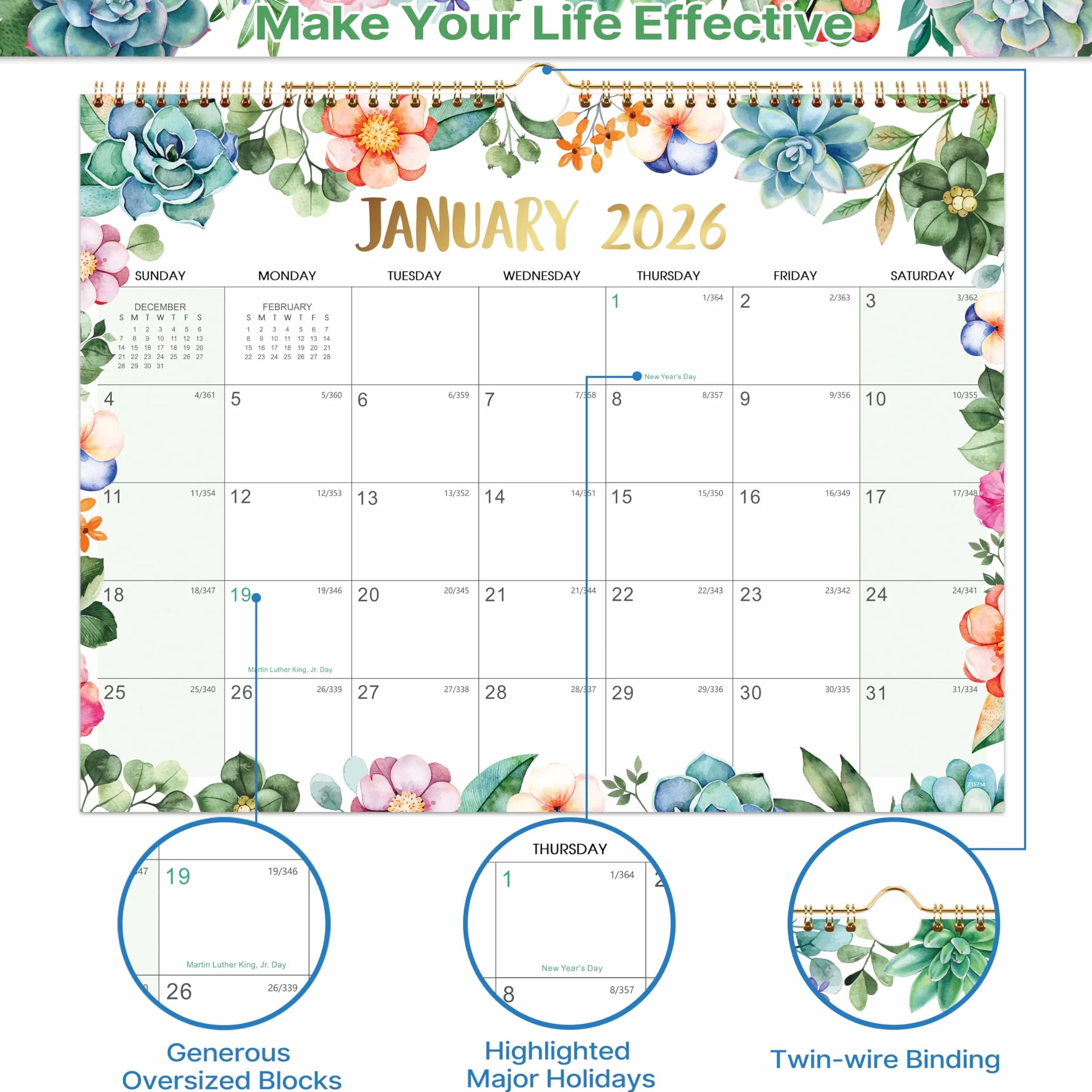 2026 Calendar - 2026 Wall Calendar, Sep. 2025 to Dec. 2026, 16 Month Calendar 2026, 14.5" x 11", Large Writing Blocks