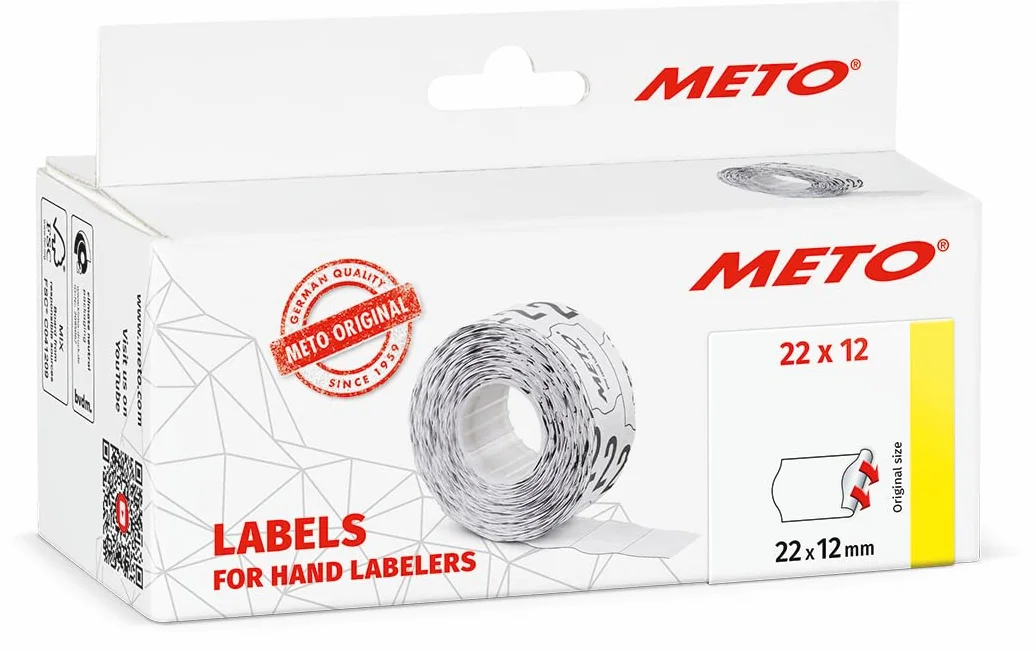 Oryginalne etykiety Meto 9506155 (22 x 12 mm, 1 wiersz, 6000 sztuk, permanentne, etykiety cenowe do Meto, Contact, Sato, Avery, Tovel, Samark itd.) 6 rolek, białe