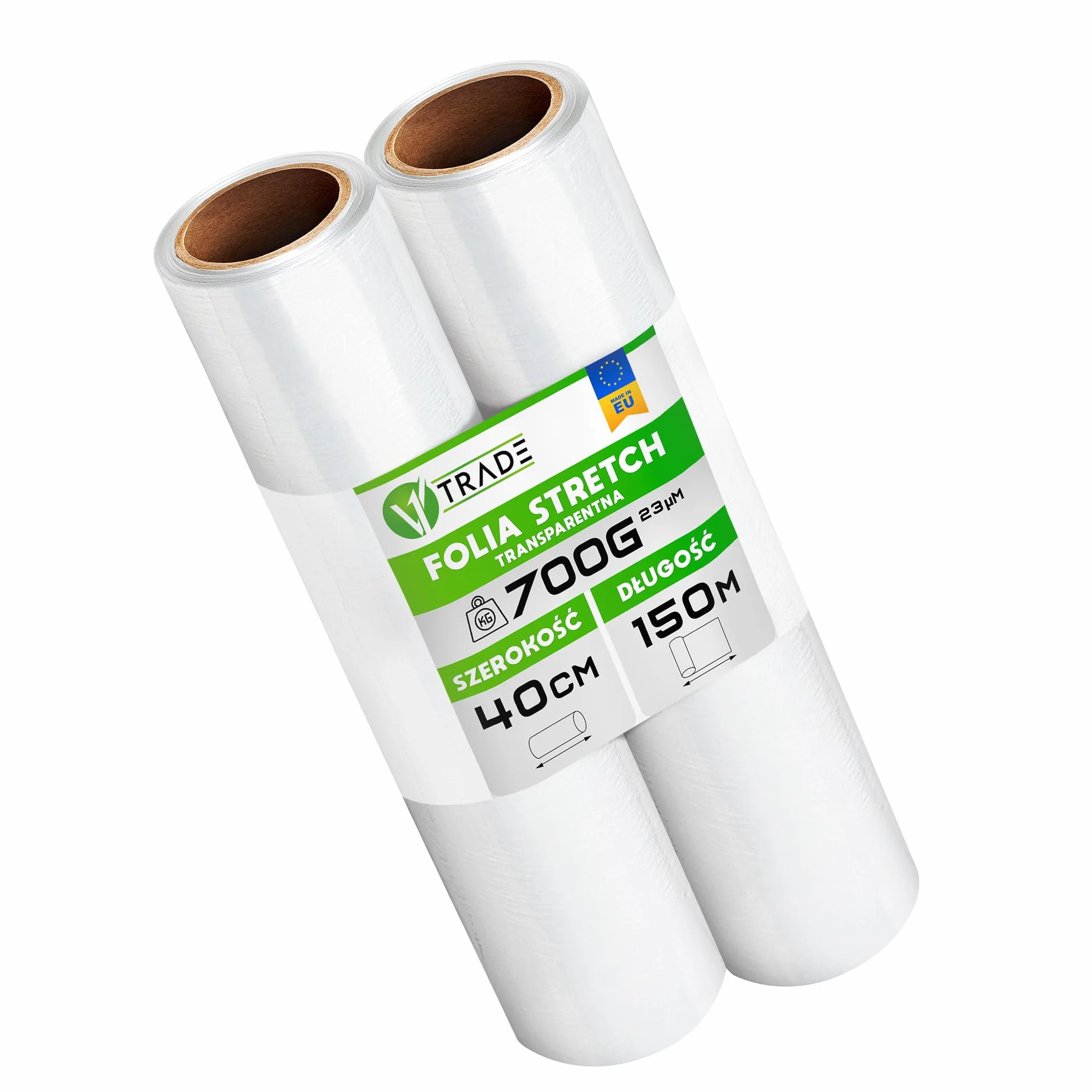 V1 Trade folia stretch do pakowania 150 m x 40 cm – 2 folie typu shrink wrap do mebli i palet – rolka przeprowadzkowa – przezroczysta folia do zabezpieczania – grubość 23 mikrony