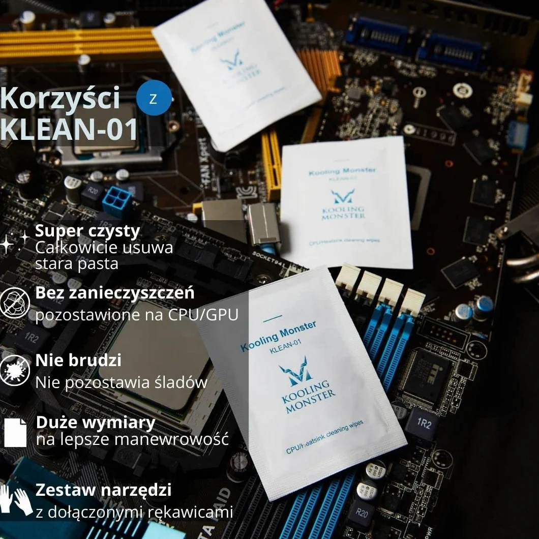 Środek do usuwania pasty termoprzewodzącej KLEAN-01, 20 ścierek do CPU/GPU/PS4/XBOX/Heatsink