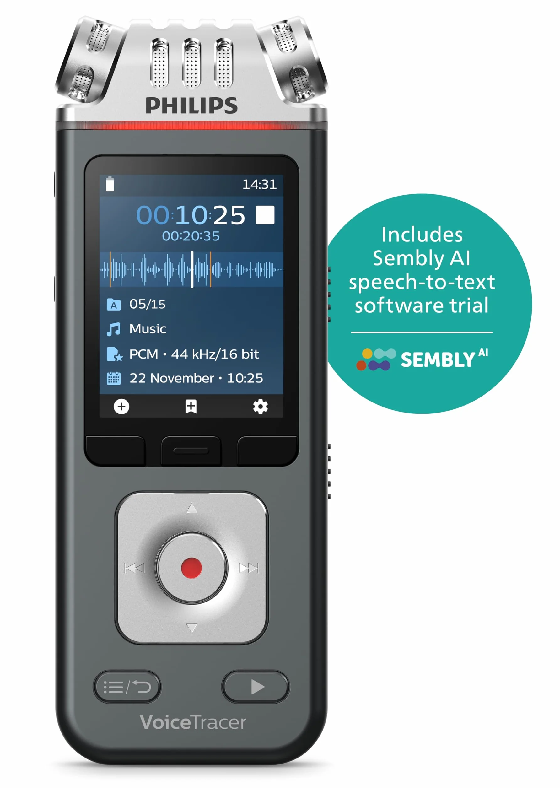 Philips DVT6115 VoiceTracer, dyktafon, nagrywarka, 3 mikrofony HiFi zoptymalizowane do nagrywania muzyki, w zestawie licencja testowa Sembly AI: transkrypcja i podsumowania sztucznej inteligencji