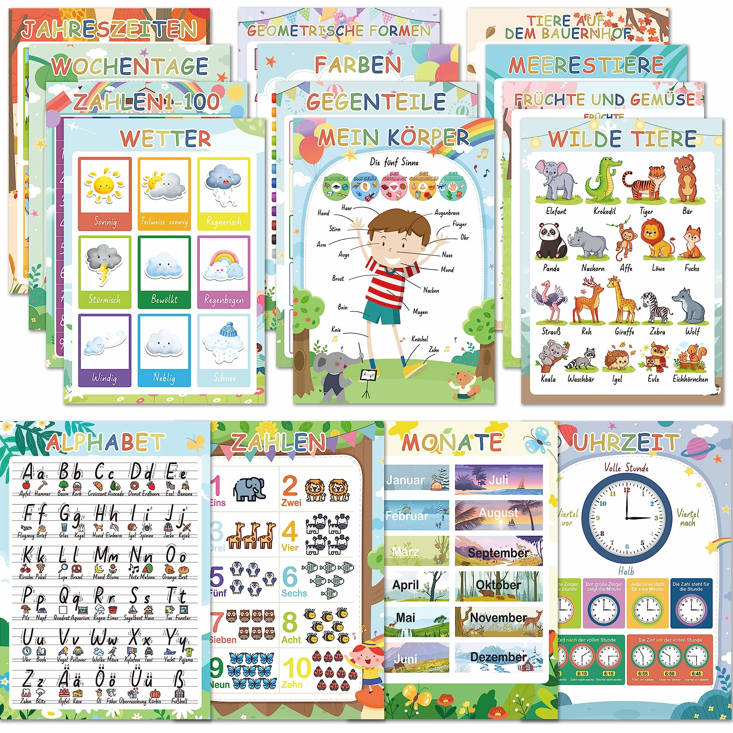 BIROYAL Montessori 16 Edukacyjnych Plakatów A4, ABC dla Dzieci, Gruby Papier Laminowany, Alfabet, Edukacyjny do Szkoły Podstawowej, Piktogramy
