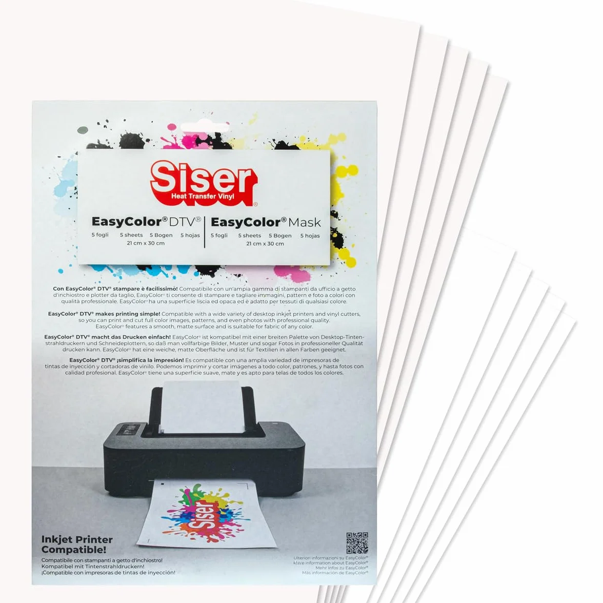 Siser Easy Color DTV Pack 5+5, termotransferowy winyl do druku atramentowego, 5 arkuszy A4 Easy Color i 5 arkuszy A4 z taśmą aplikacyjną