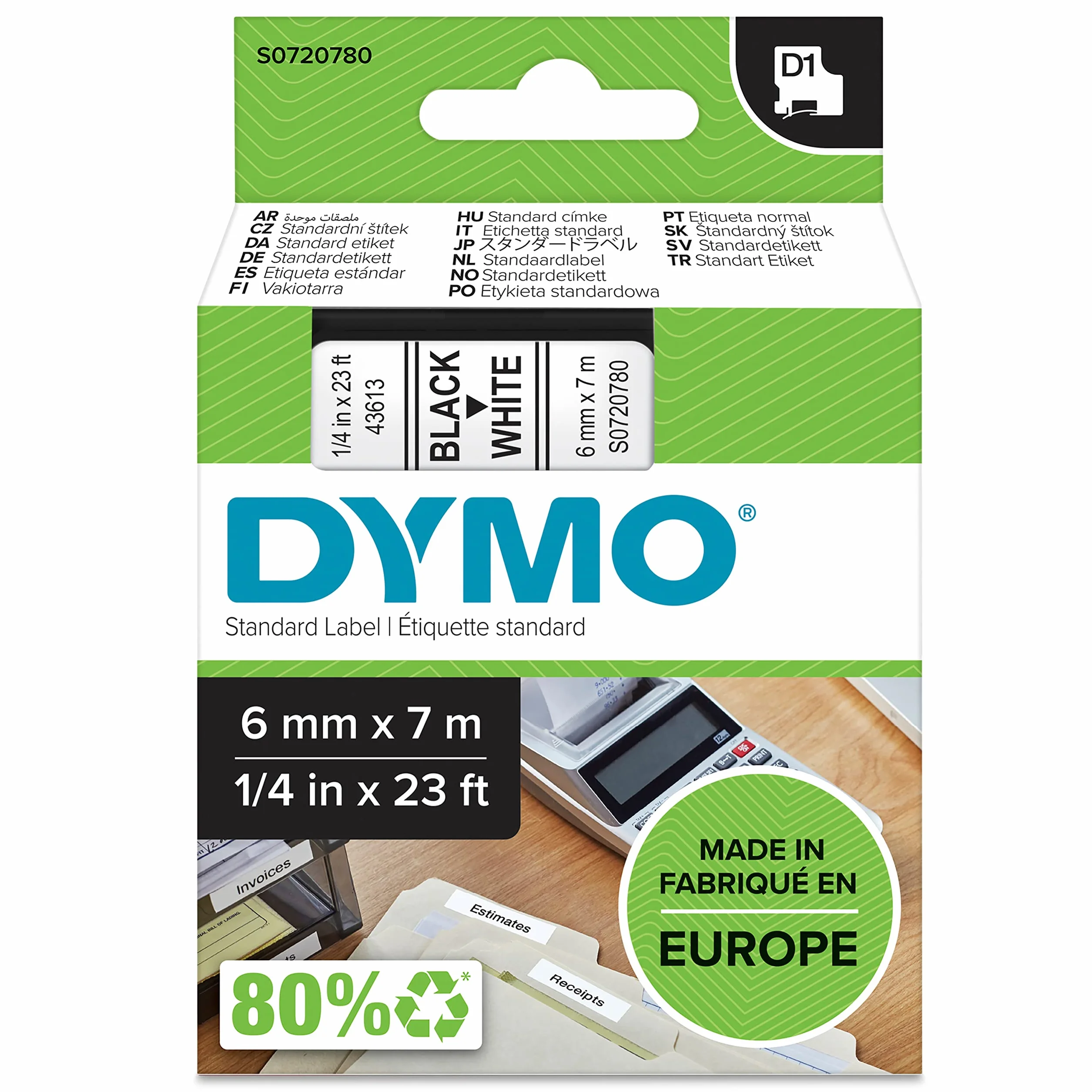 Dymo S0720780 Taśma do Drukarek Etykiet, Czarny/Biały, 6 mm x 7 m